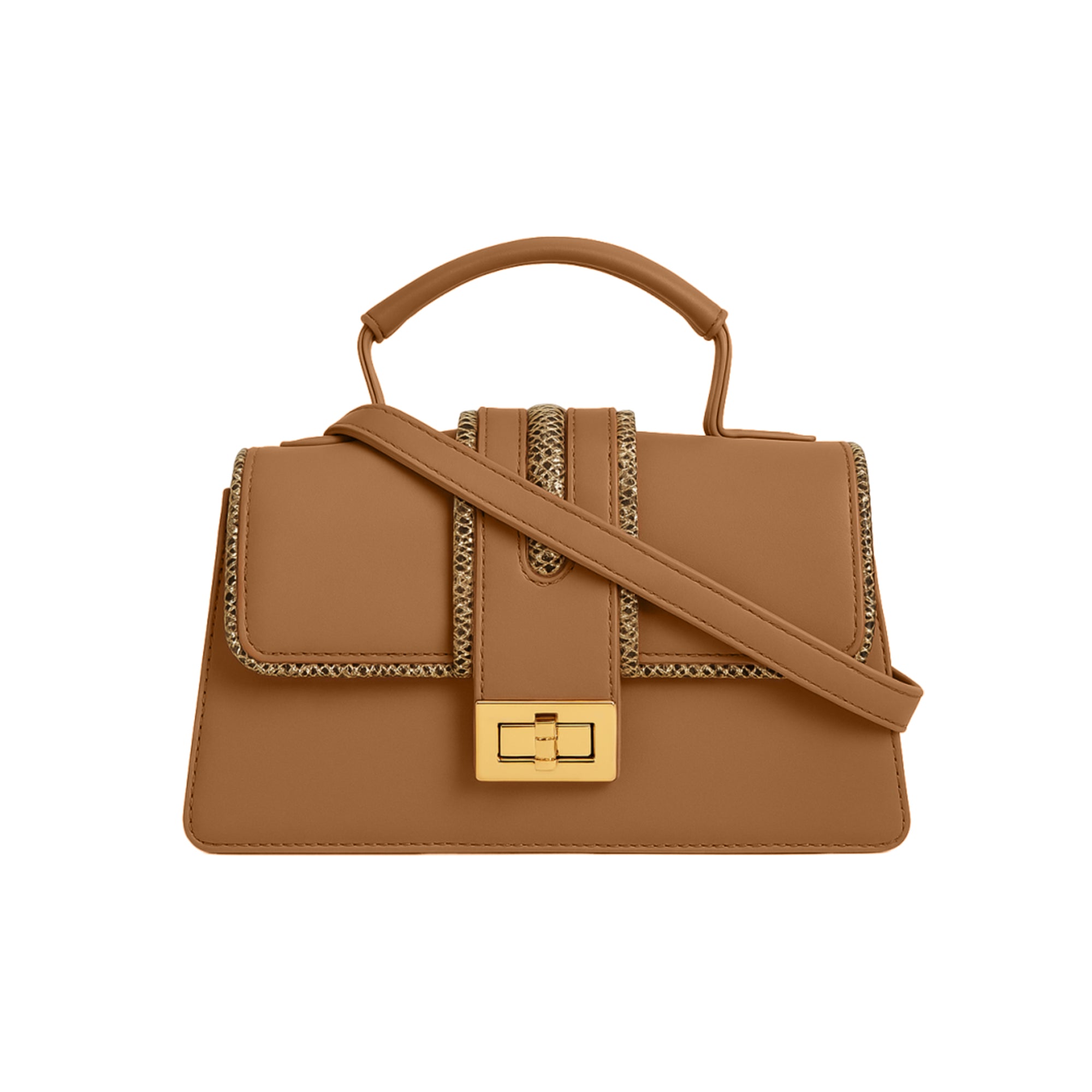 Carlton London Beige Structured Handbag with Metallic Detailing