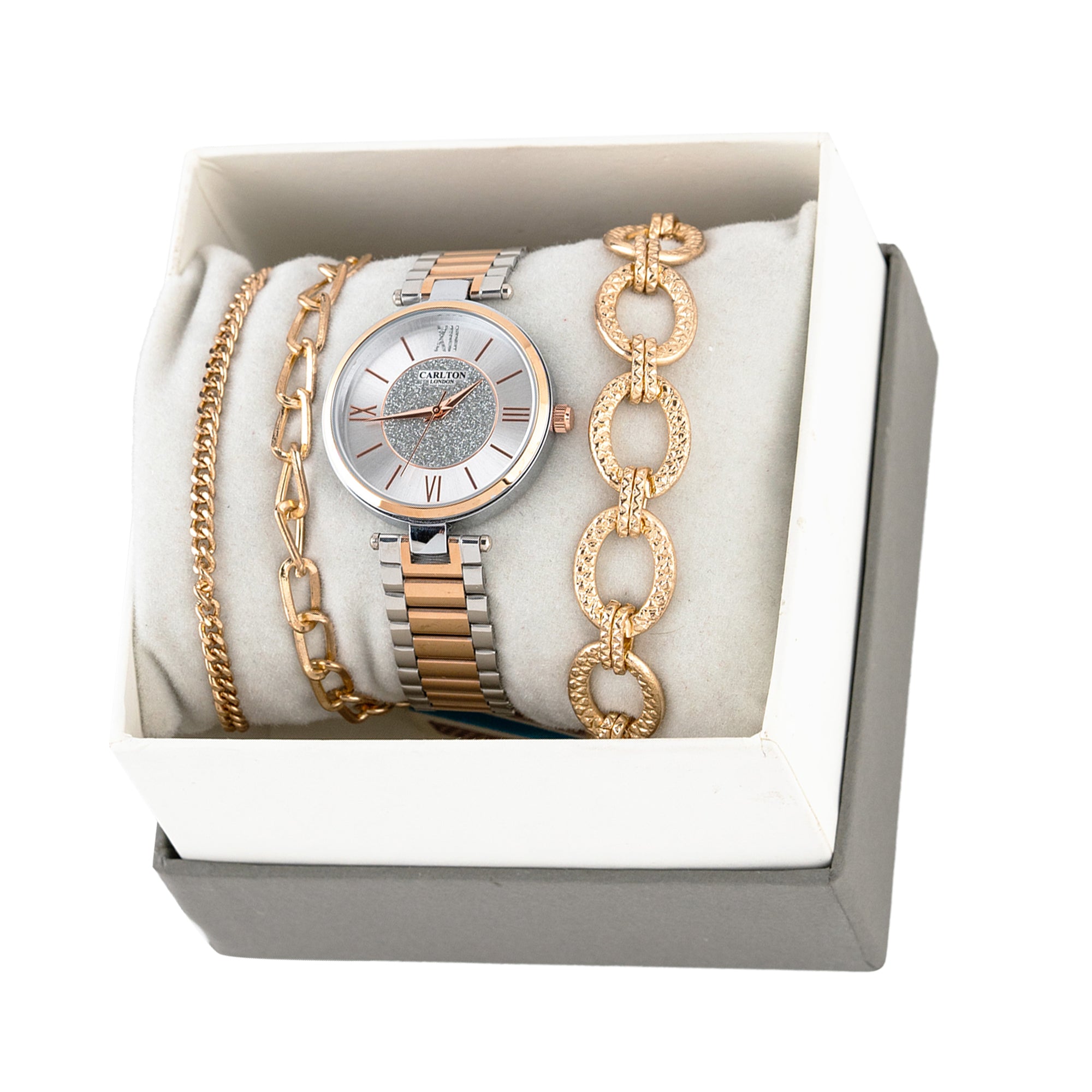 Women Gift Set Of 4 Silver Dial Watch + 3 Bracelets