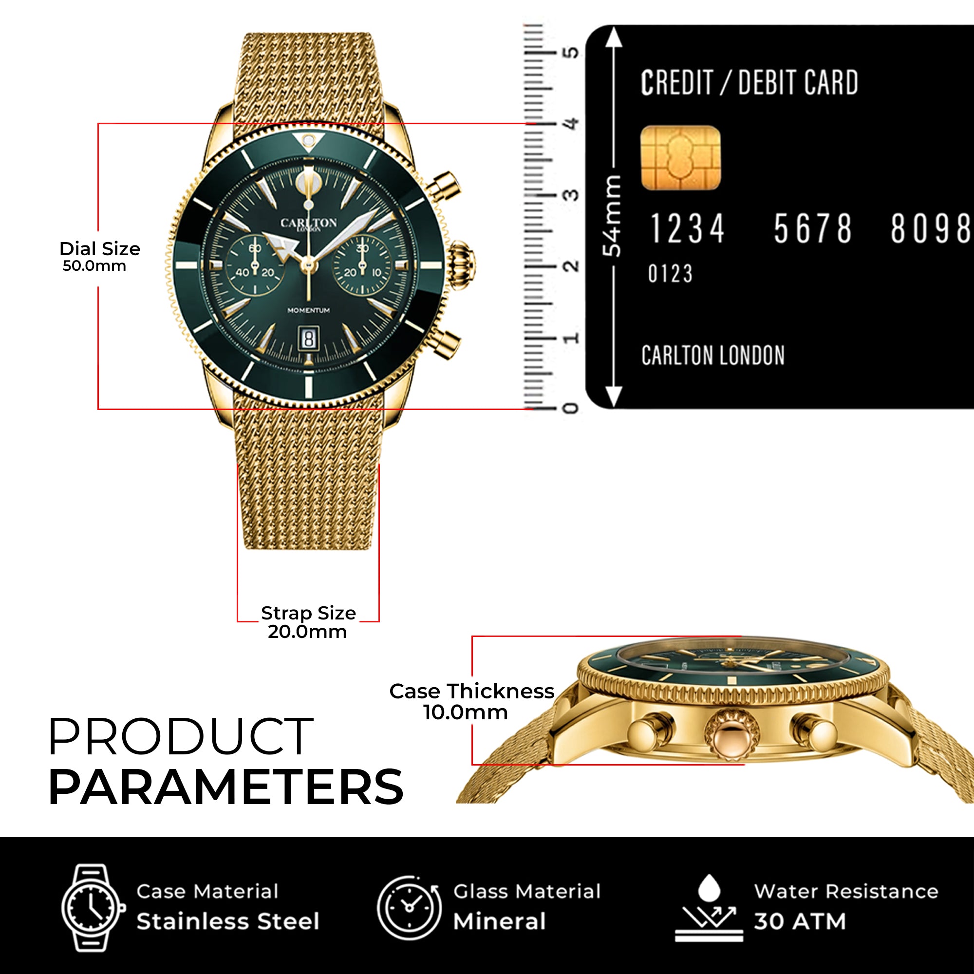 Carlton London Momentum Men’s Watch – Green Round Dial, Gold Stainless Steel Strap – CL-MT-GGRN