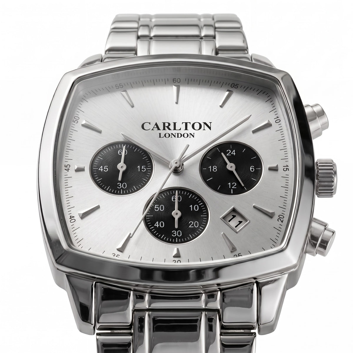 Carlton London Sterling Men’s Watch - Silver Square Dial, Silver Stainless Steel Strap - CLSTBSVR