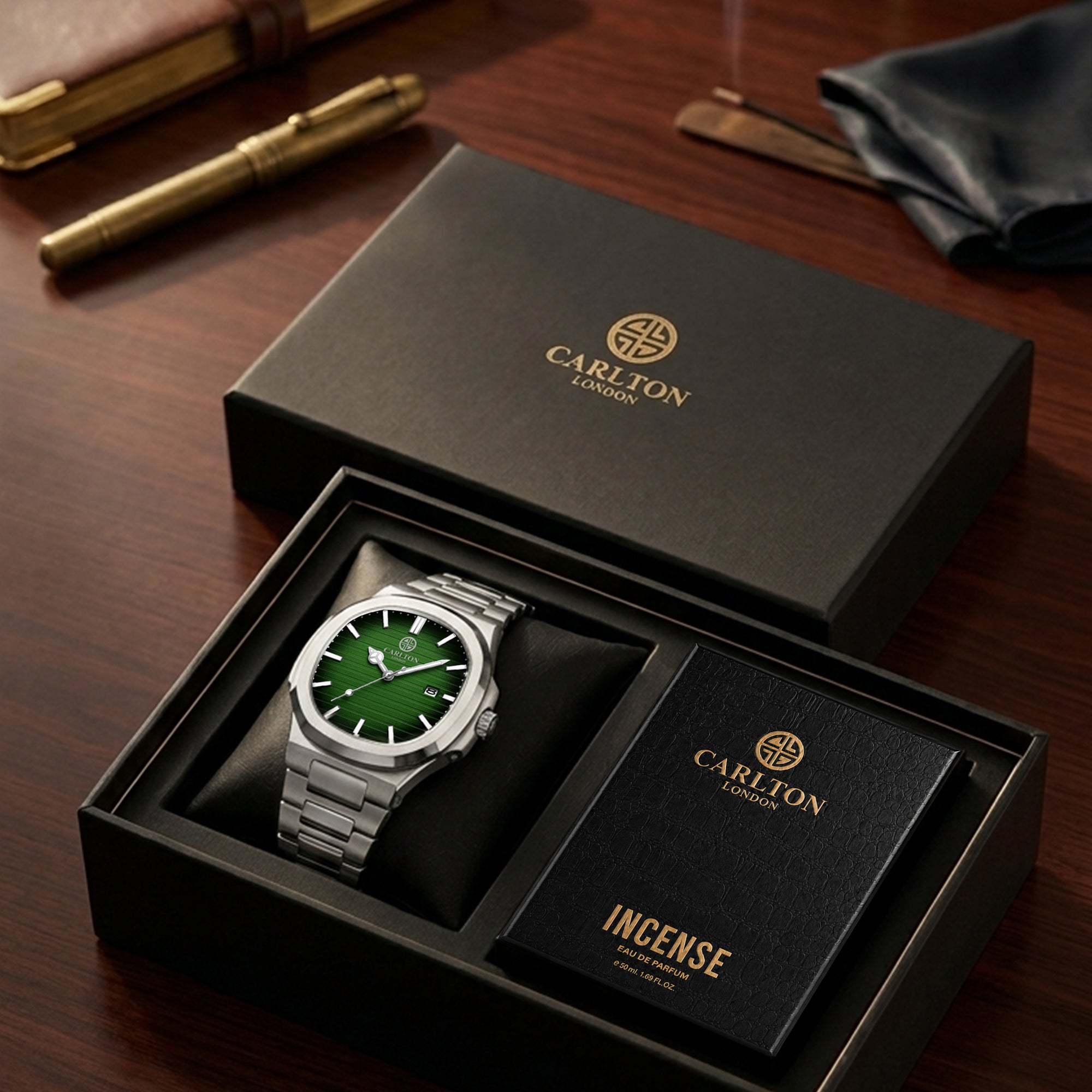 Carlton London Arthur Men’s Gift Set – Teal Dial Watch with Incense Perfume 50ml, Silver Strap – CLPLG129