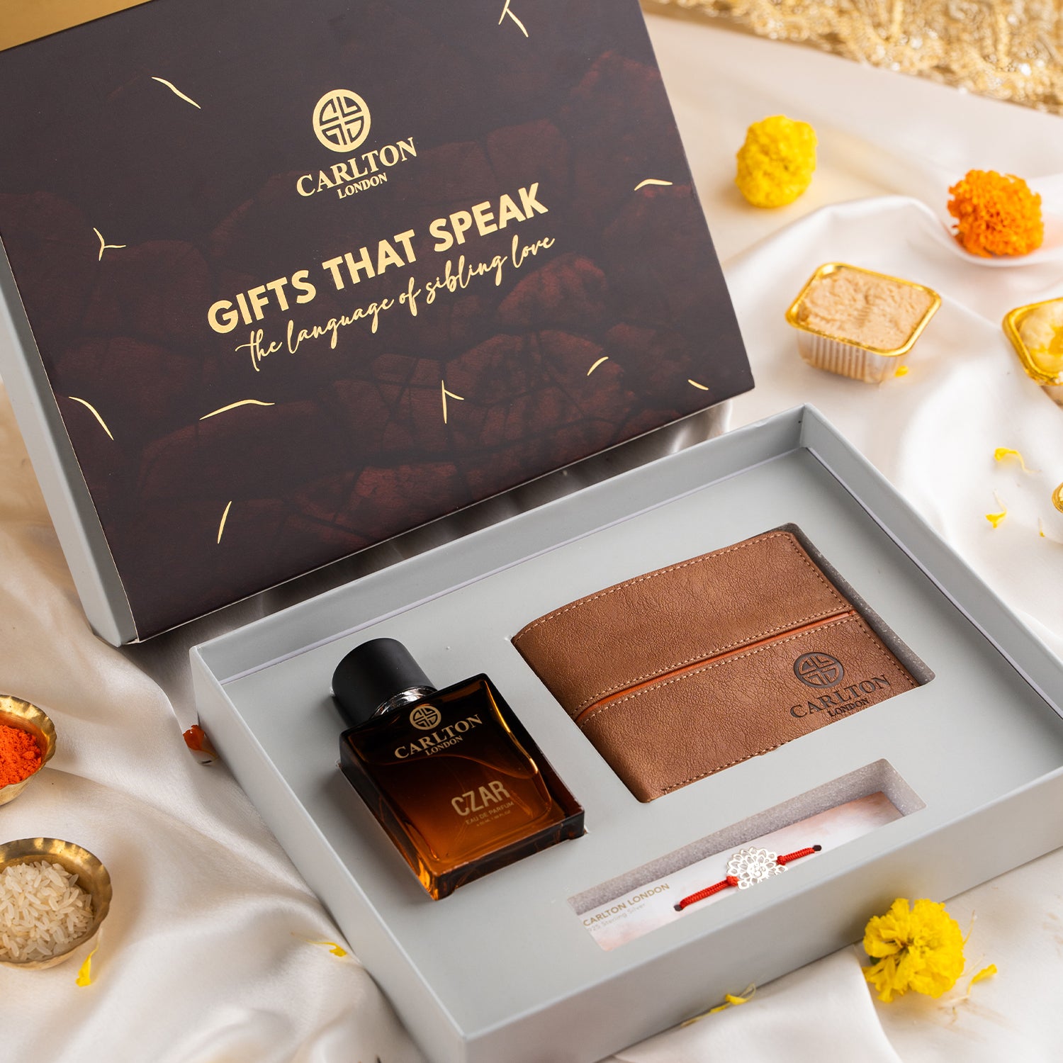 Carlton London Men's Rakhi Gift Set of 3 | CZAR Perfume + Wallet + Rakhi
