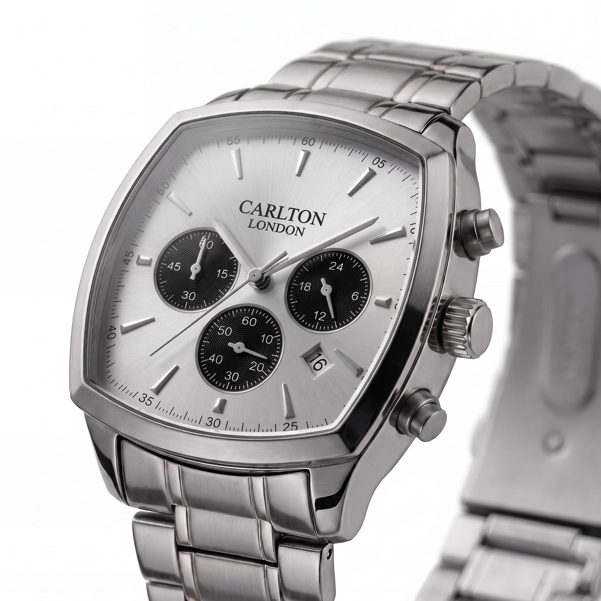 Carlton London Sterling Men’s Watch - Silver Square Dial, Silver Stainless Steel Strap - CLSTBSVR