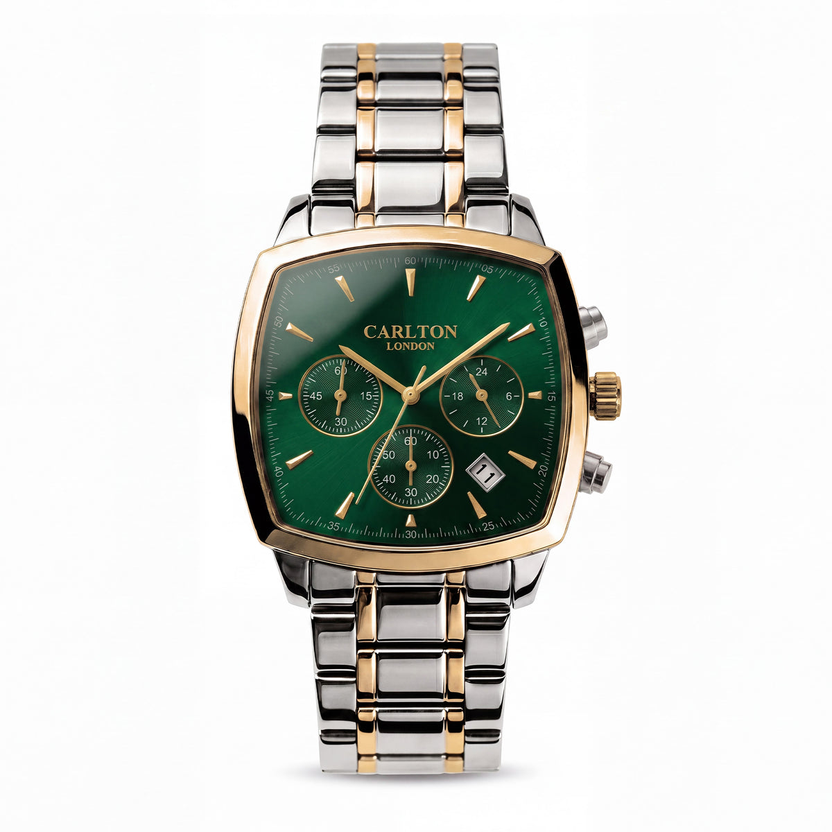 Carlton London Sterling Men’s Watch - Green Square Dial, Dual Tone Stainless Steel Strap - CLSTDGRN