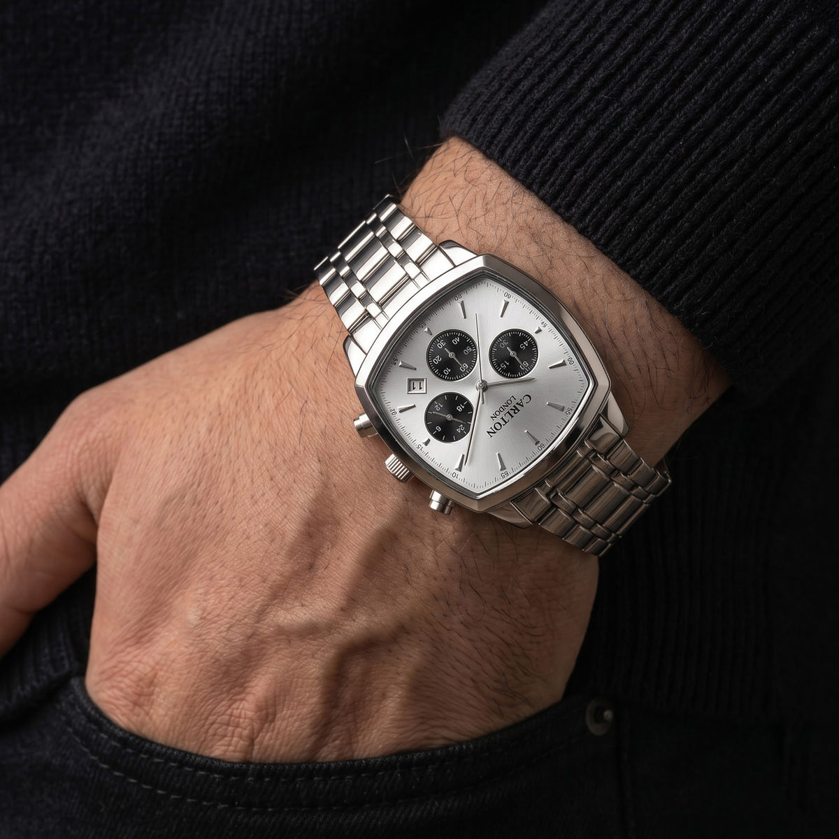 Carlton London Sterling Men’s Watch - Silver Square Dial, Silver Stainless Steel Strap - CLSTBSVR