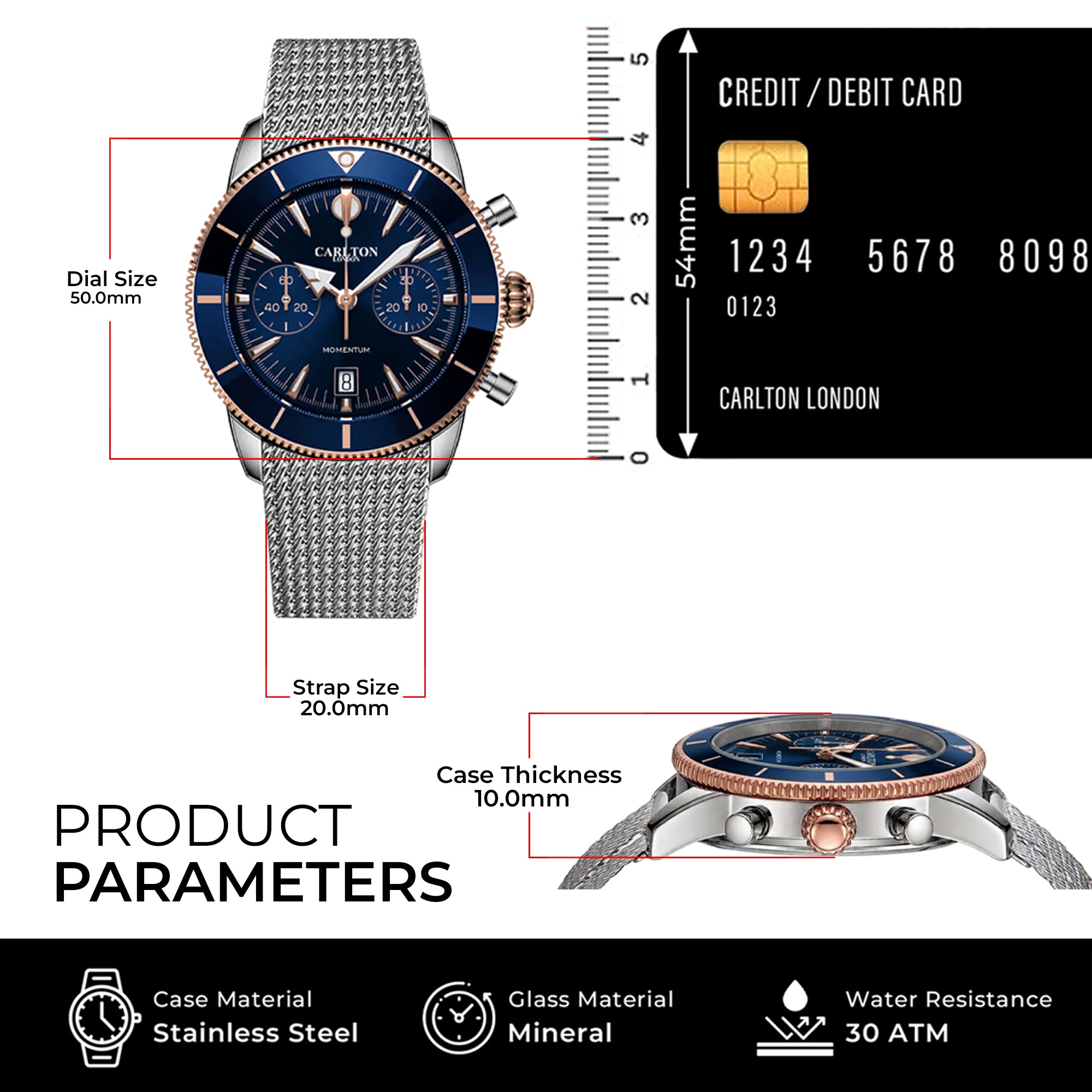 Carlton London Momentum Men’s Watch – Blue Round Dial, Silver Stainless Steel Strap – CL-MT-BLU