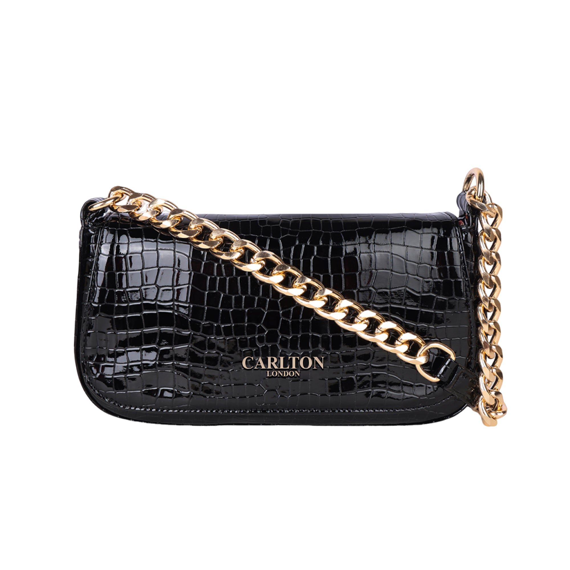 Carlton London Glossy Black Crocodile-Patterned Crossbody Bag with Gold Chain Strap