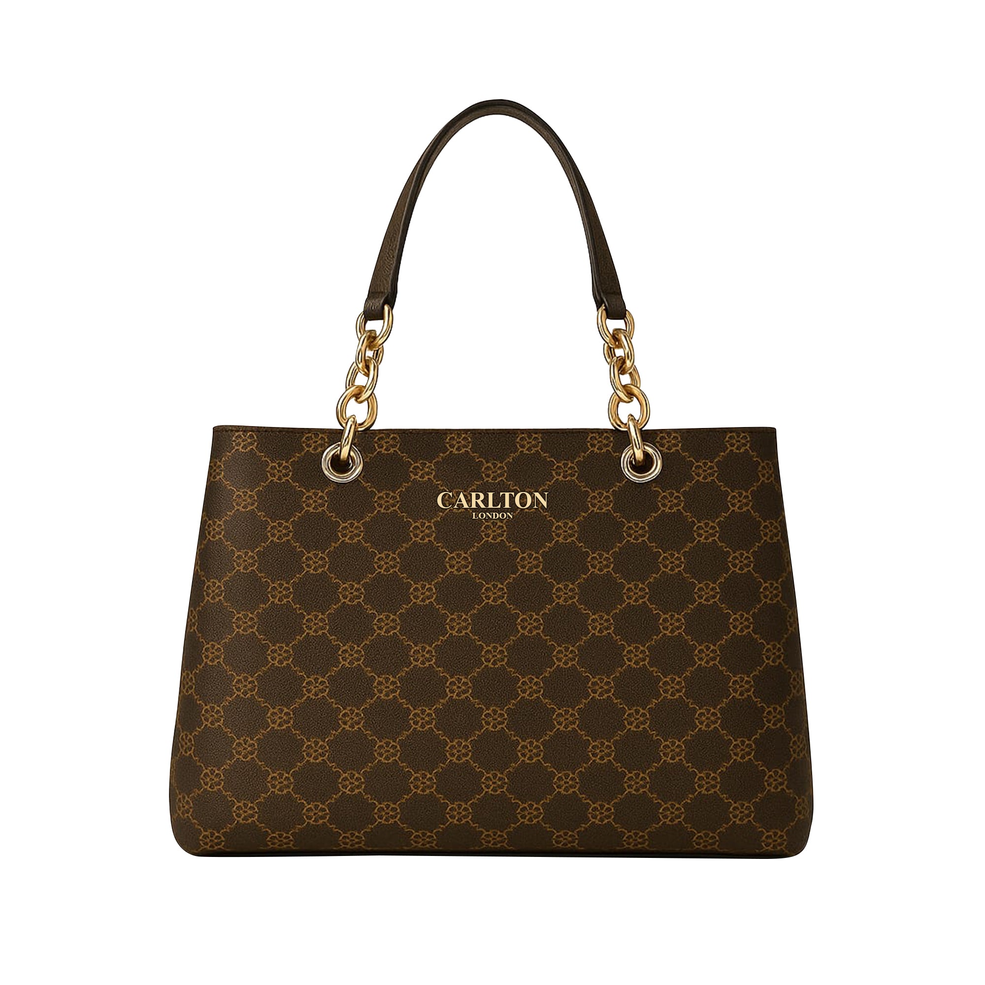 Carlton London brown Monogram Tote Bag with Gold Chain-Link Handles