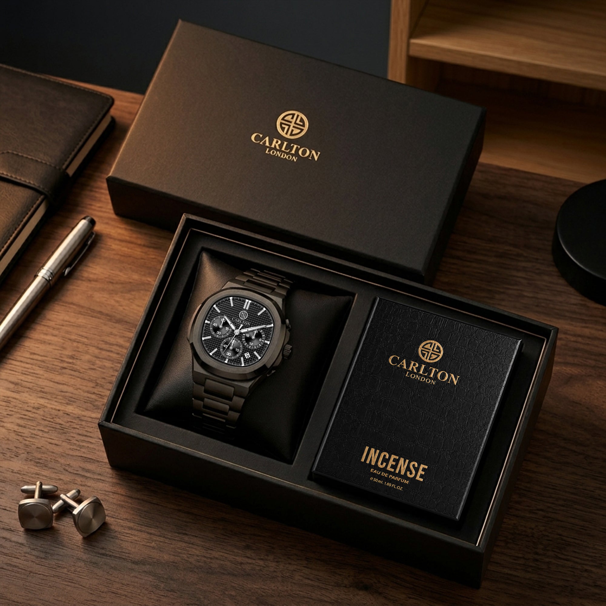 Carlton London Parker Men’s Gift Set – Black Chronograph Watch with Incense Perfume 50ml, Black Strap – CLPLG144