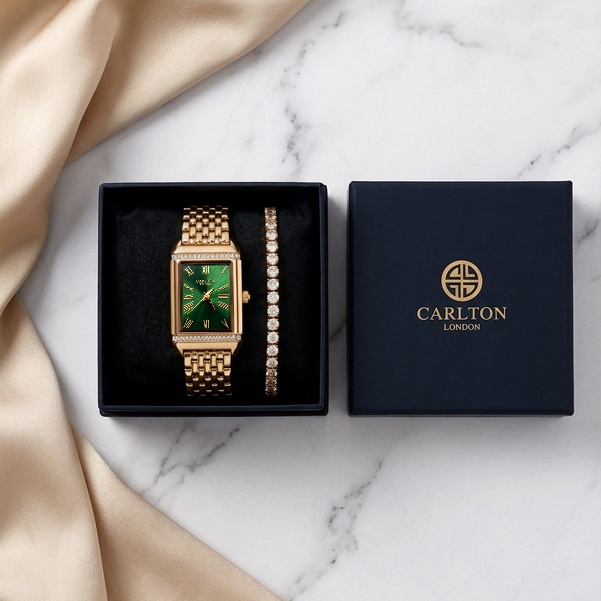 Carlton London Amara Women’s Gift Set – Emerald Green Dial Watch with Tennis Bracelet, Gold Tone – CLPLG127