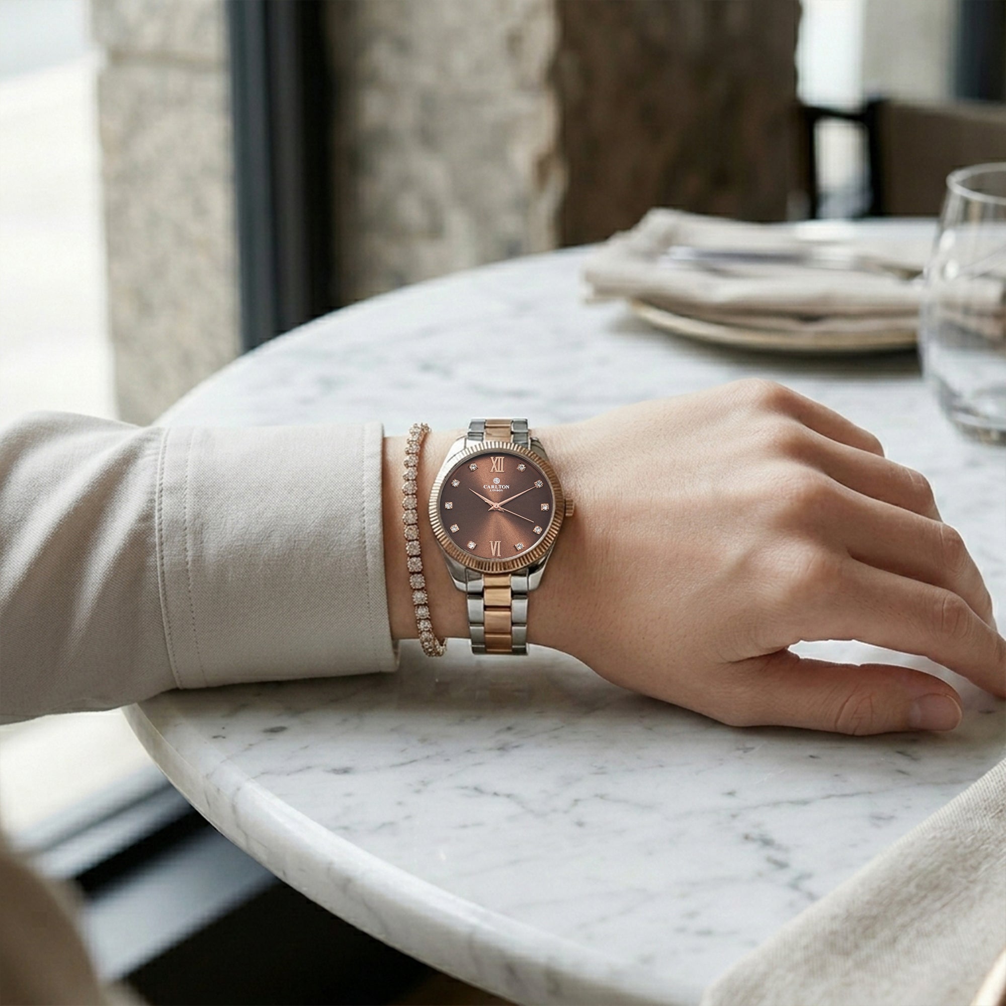 Carlton London Harper Vintage Women’s Gift Set – Brown Dial Watch with Tennis Bracelet, Two Tone – CLPLG140