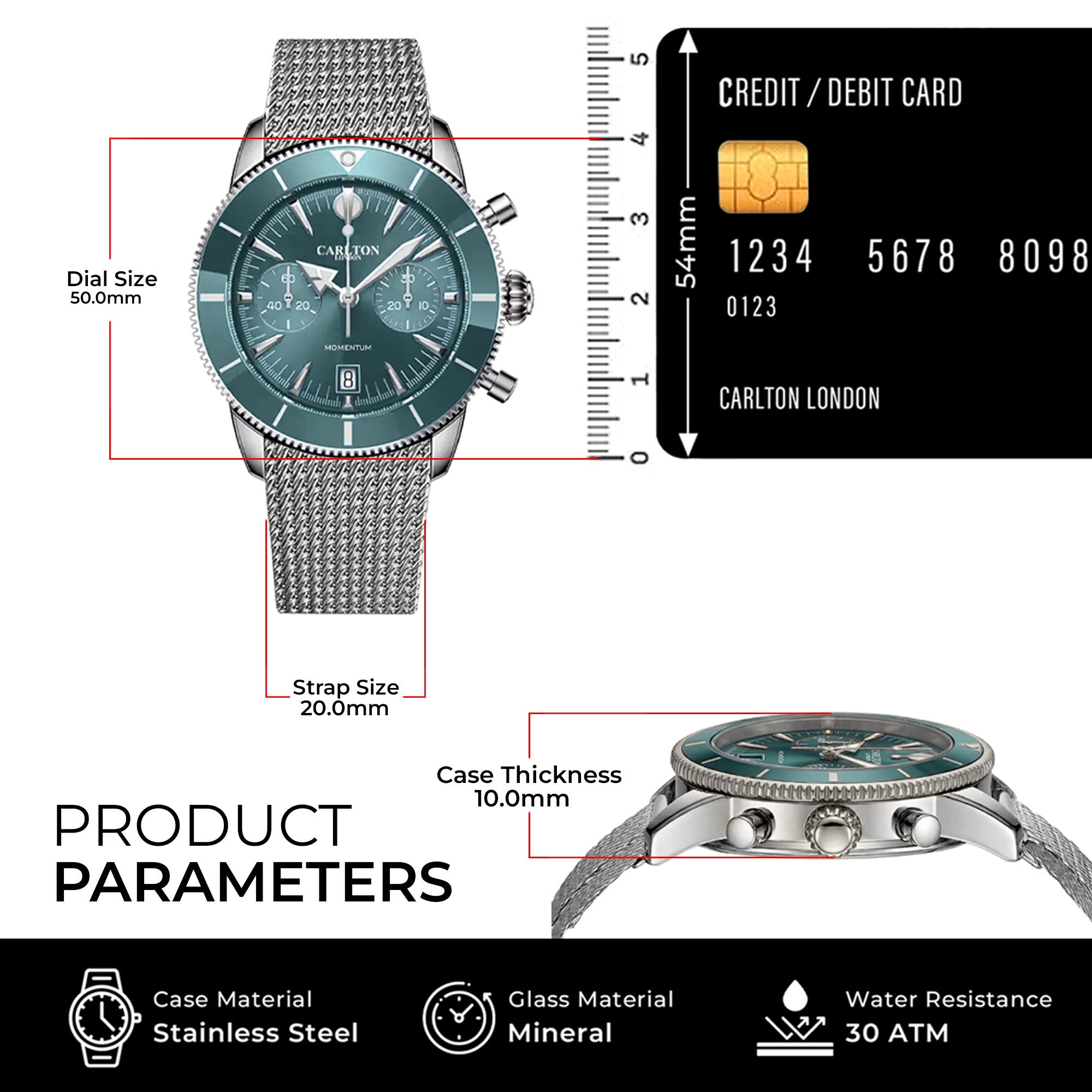 Carlton London Momentum Men’s Watch – Teal Round Dial, Silver Stainless Steel Strap – CL-MT-TL