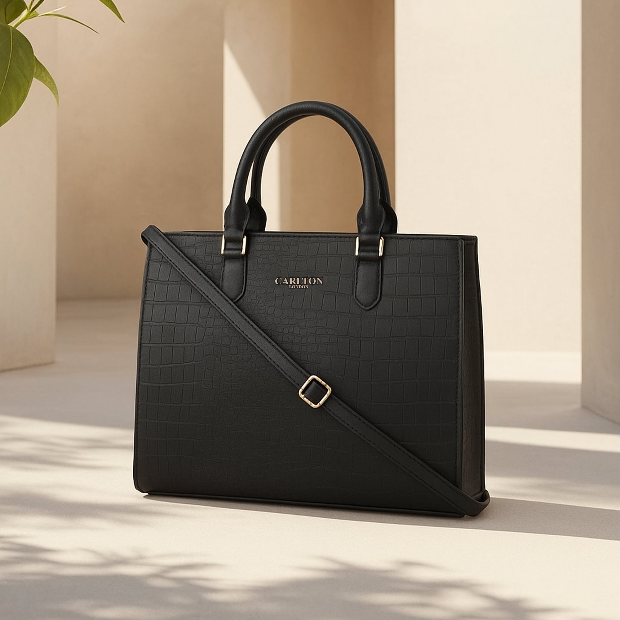 Carlton London Black Crocodile-Patterned Tote Bag