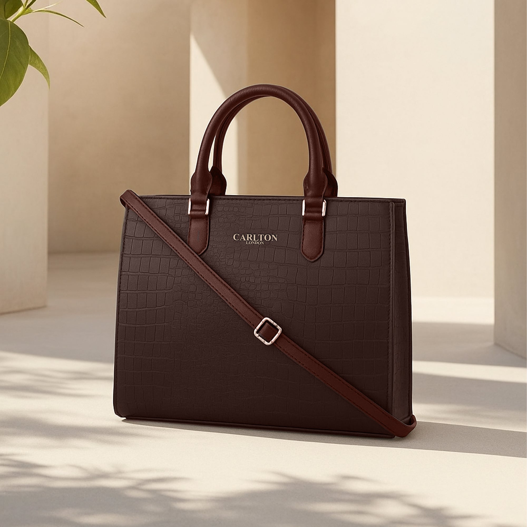 Carlton London Brown Croc-Texture Tote Bag