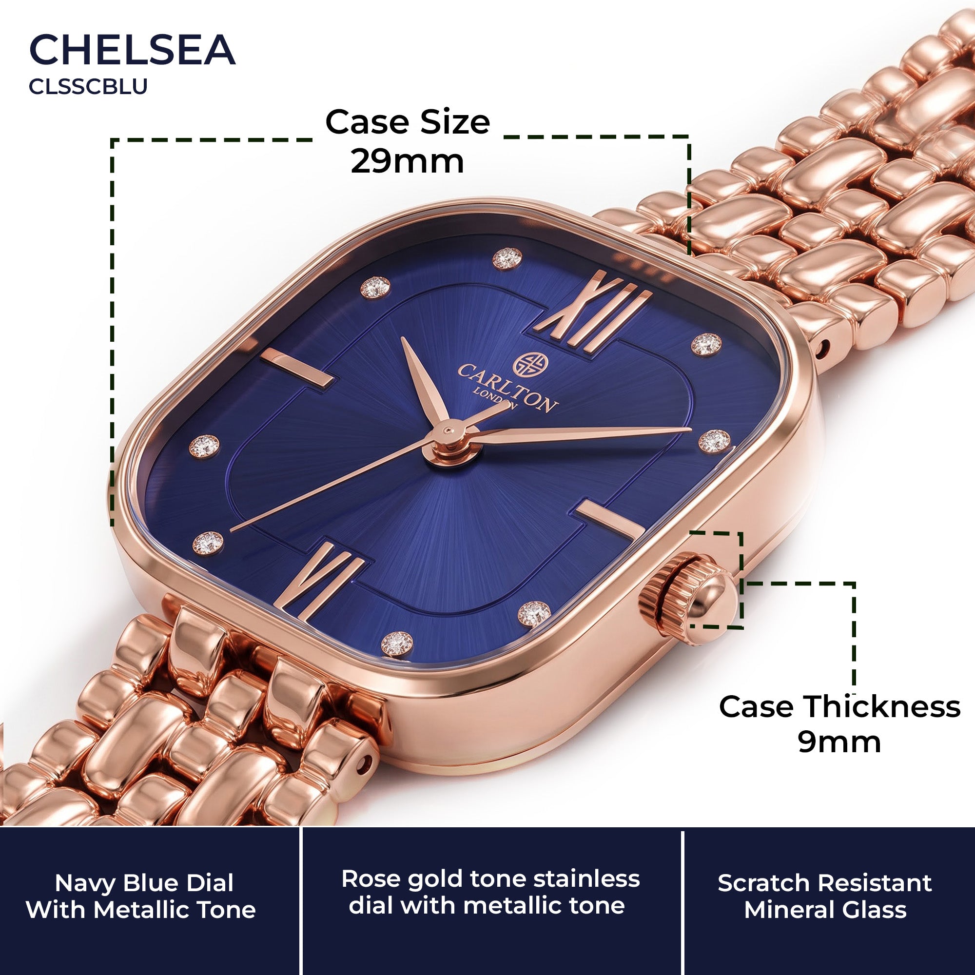 Carlton London Chelsea Women’s Watch – Blue Square Dial, Rose Gold Stainless Steel Strap – CLSSCBLU