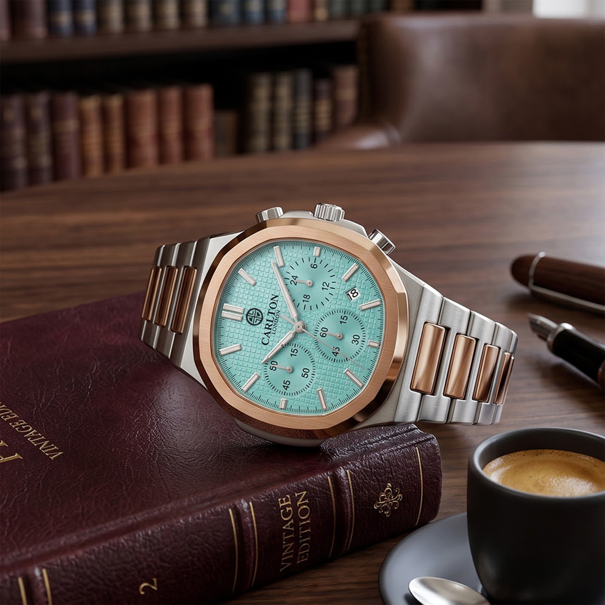 Carlton London Parker Men’s Watch – Blue Round Square Dial, Dual Tone Stainless Steel Strap – CLSDTQUM