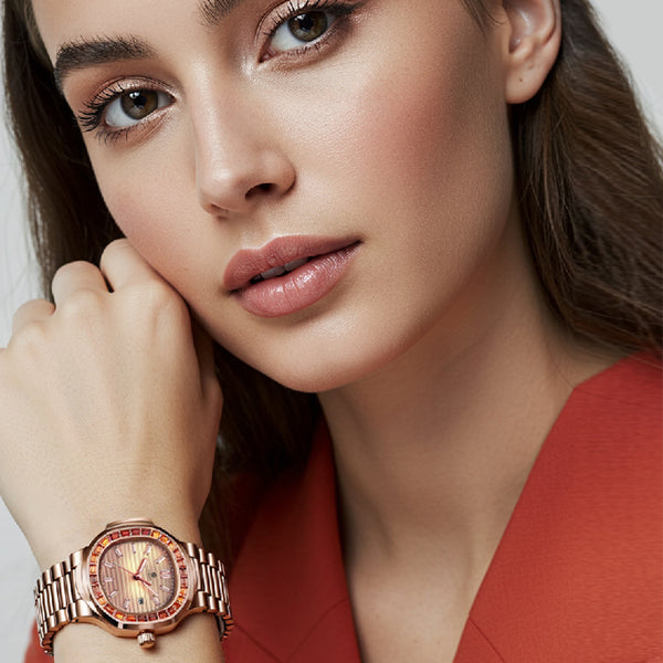 Grace: Women Peach Dial Studded Analog Watch