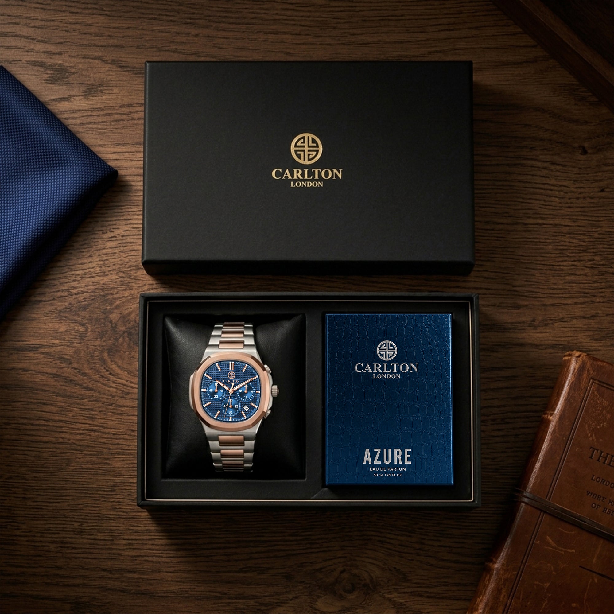 Carlton London Parker Men’s Gift Set – Blue Dial Watch with Azure Perfume 50ml, Silver Strap – CLPLG143
