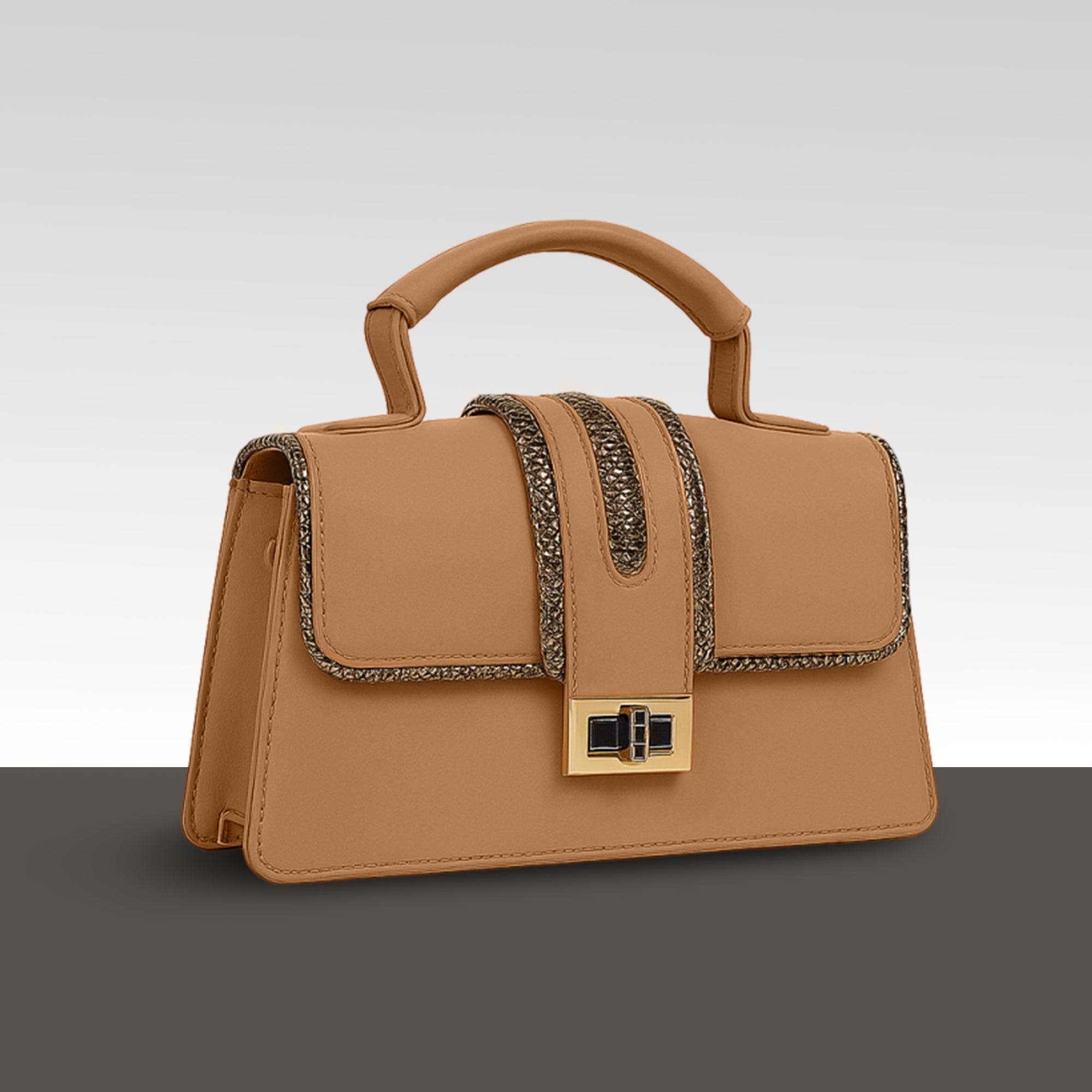 Carlton London Beige Structured Handbag with Metallic Detailing