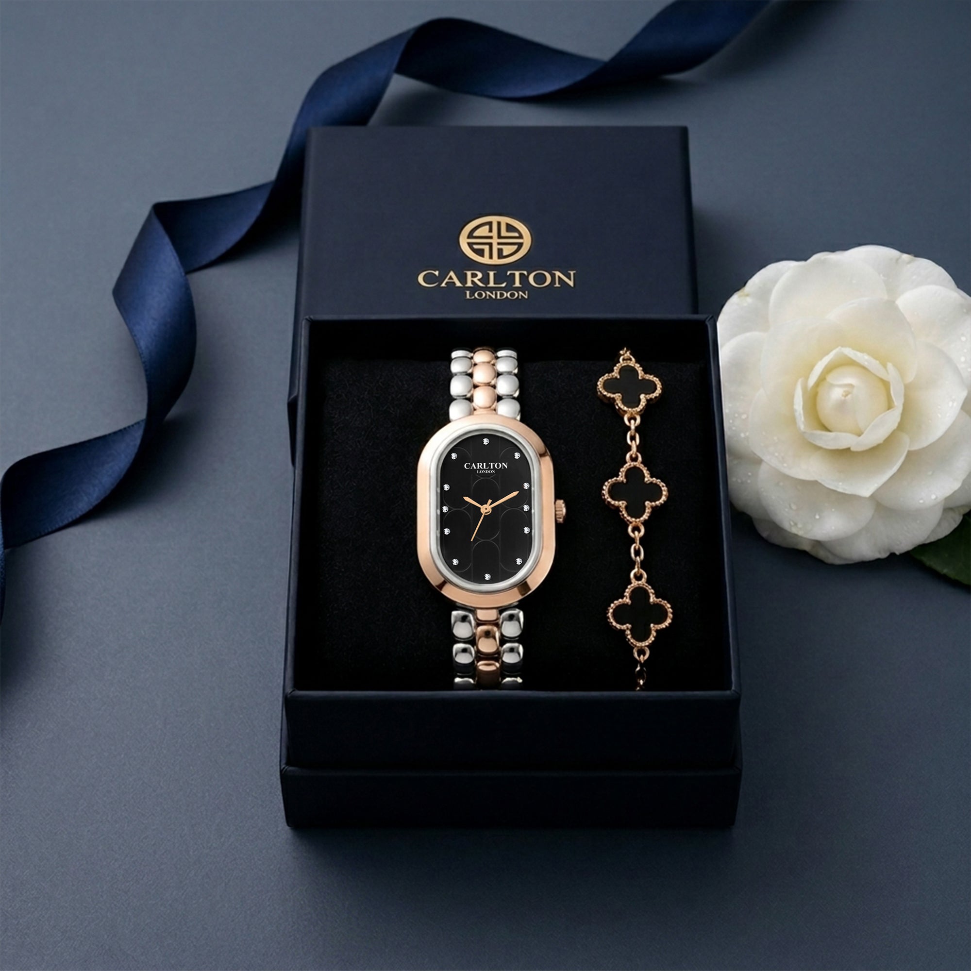Carlton London Cecil Women’s Gift Set – Black Oval Dial Watch with Black Leaf Bracelet, Two Tone – CLPLG133