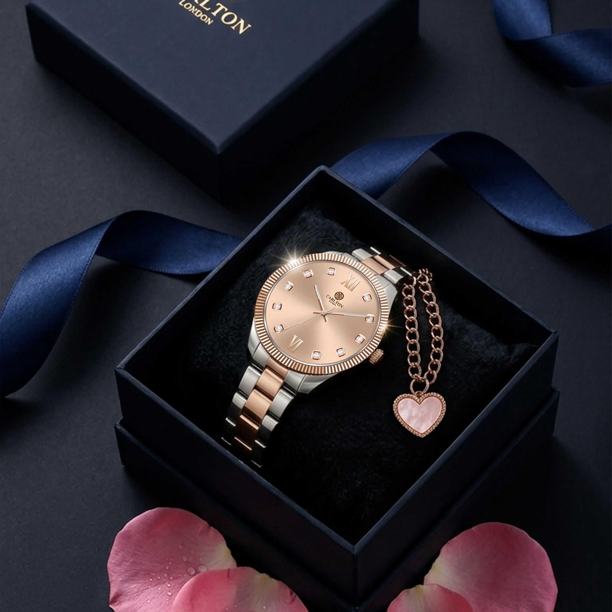 Carlton London Harper Vintage Women’s Gift Set – Rose Gold Dial Watch with Heart Charm Bracelet, Two Tone – CLPLG138
