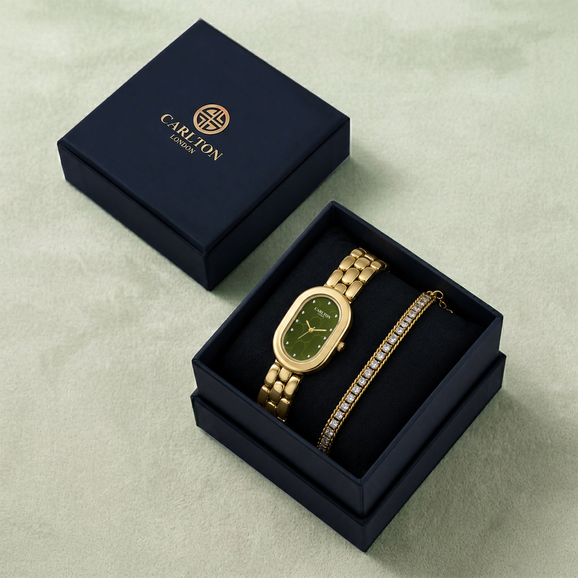 Carlton London Cecil Women’s Gift Set – Olive Green Oval Dial Watch with Tennis Bracelet, Gold Strap – CLPLG132
