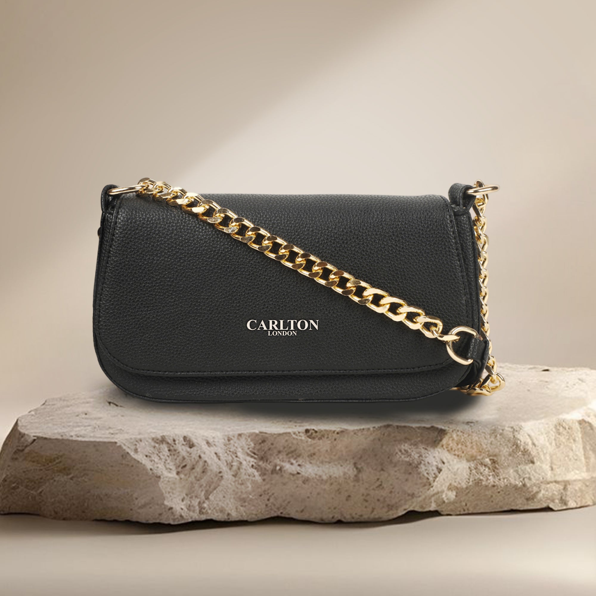 Carlton London Black Textured Gold Chain Handbag