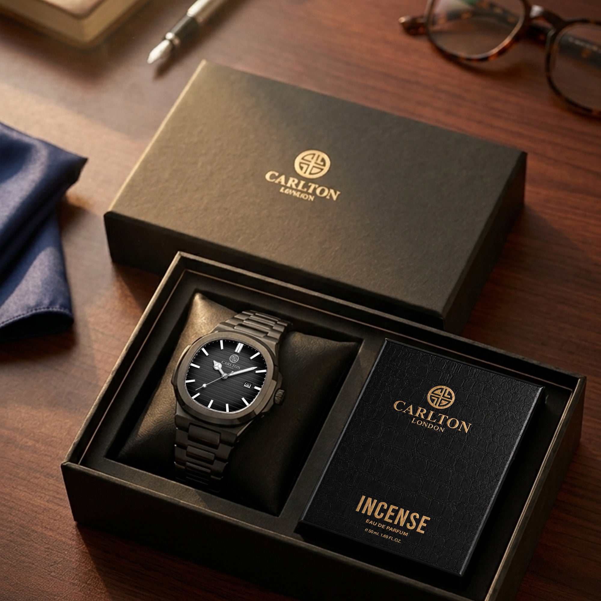 Carlton London Arthur Men’s Gift Set – Black Dial Watch with Incense Perfume 50ml, Black Strap – CLPLG131