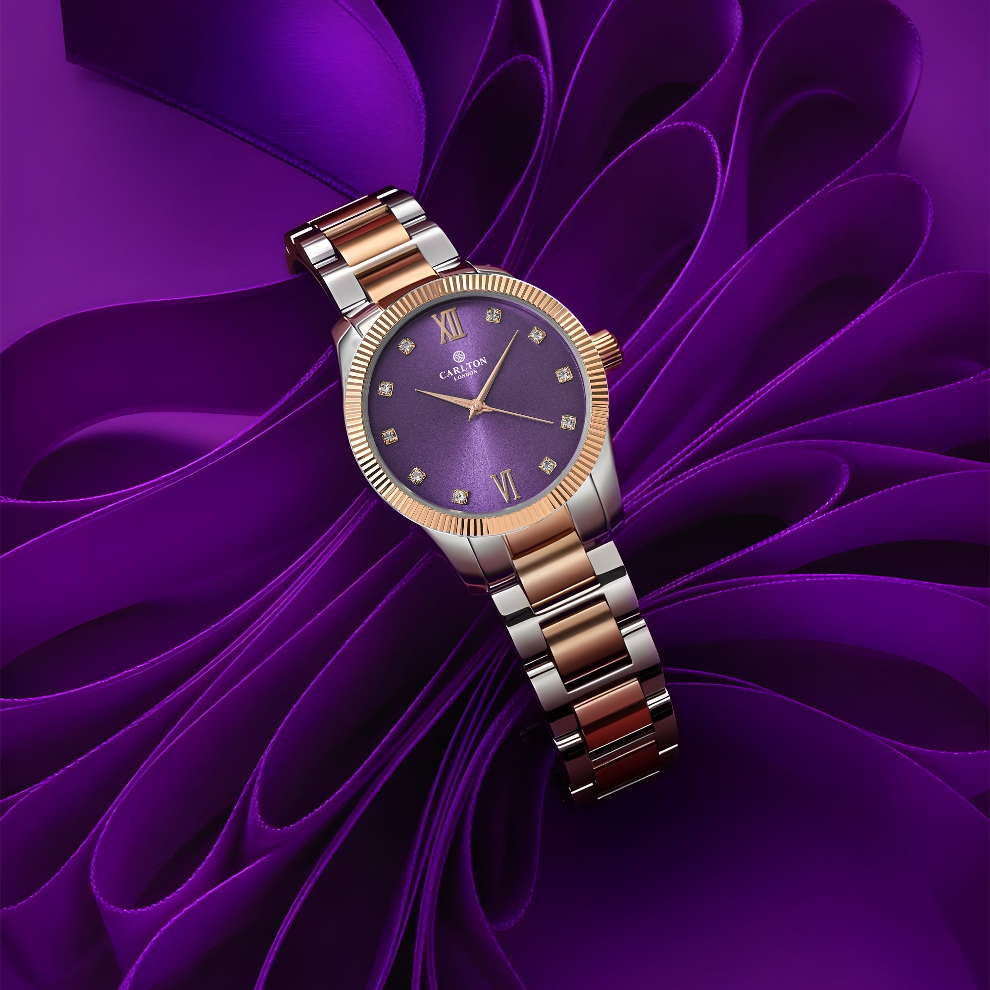 Carlton London Harper Vintage Women’s Watch, Purple Round Dial, Silver-Toned Stainless Steel Strap - CLBRTPRP