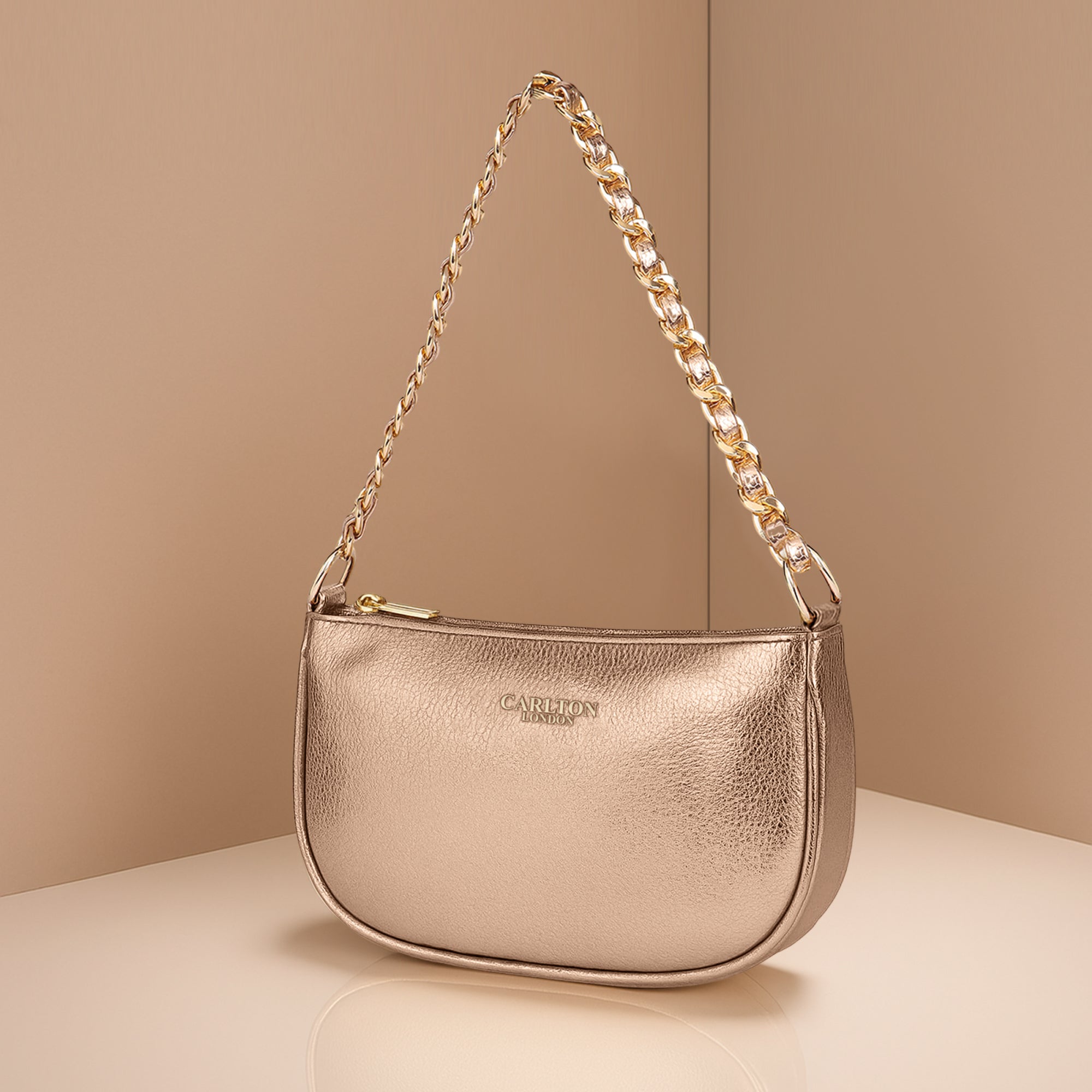 Carlton London Rose Gold Handbag with Gold Chain Strap
