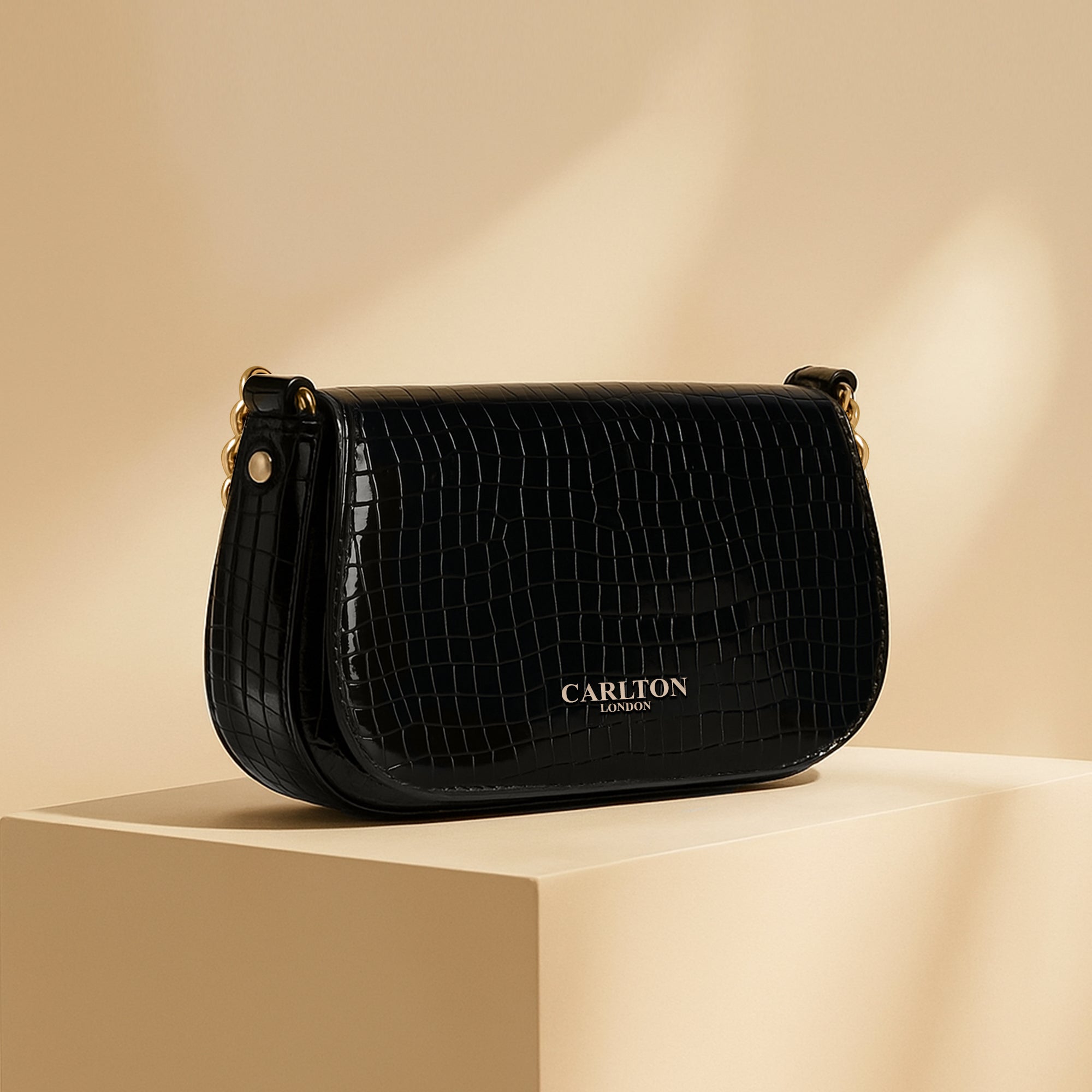 Carlton London Glossy Black Crocodile-Patterned Crossbody Bag with Gold Chain Strap