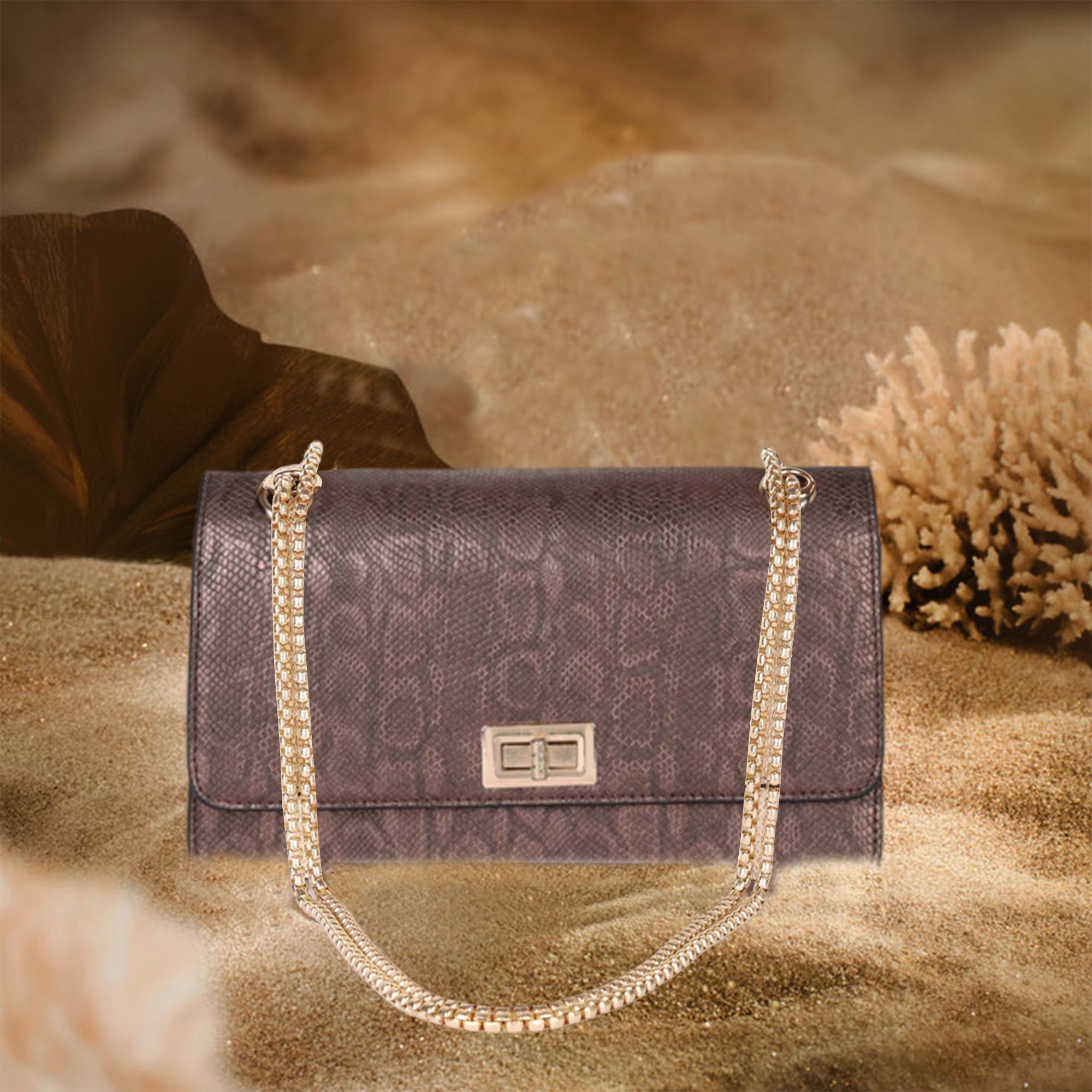 Carlton London Gold Croc-Embossed Chain Shoulder Bag