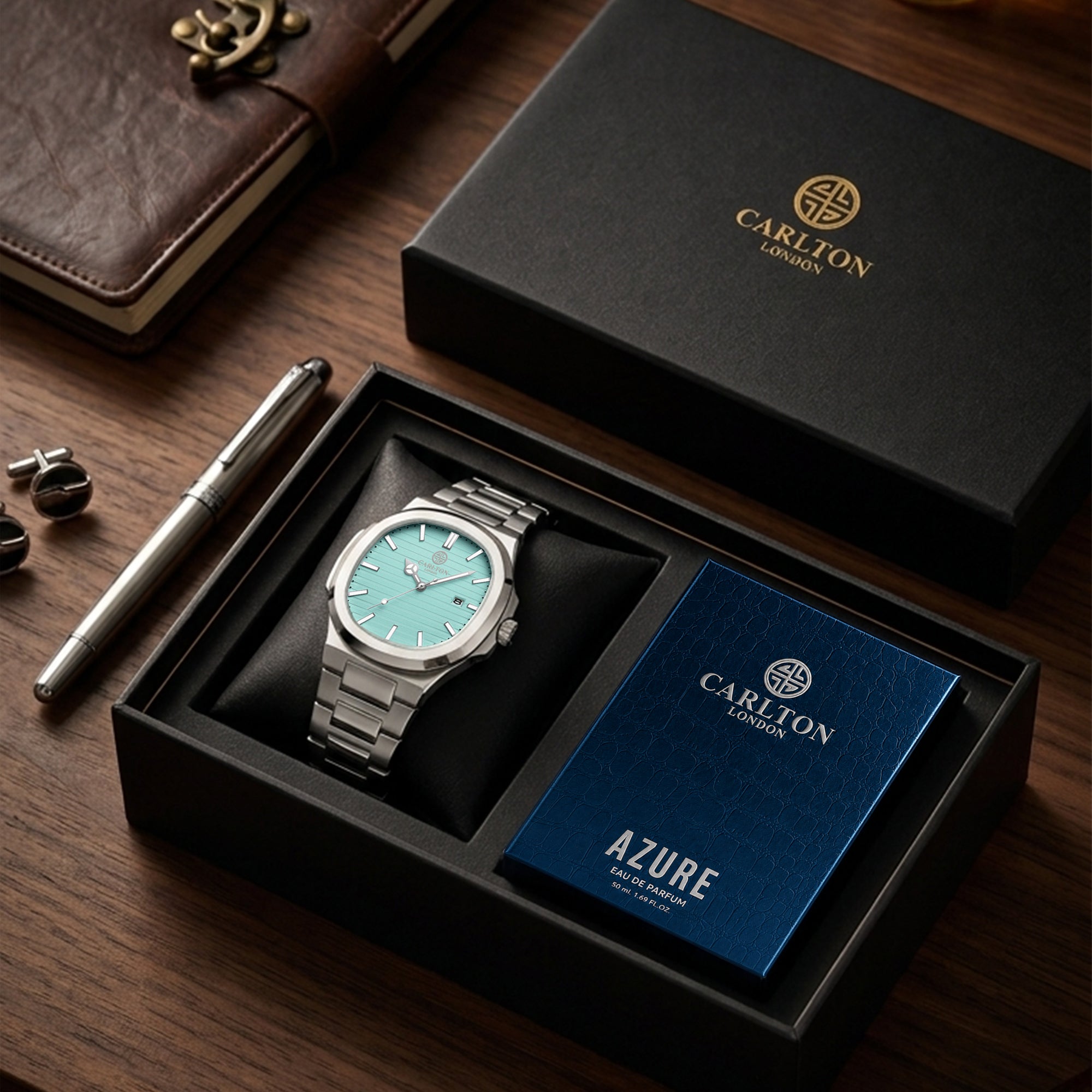 Carlton London Arthur Men’s Gift Set – Teal Dial Watch with Azure Perfume 50ml, Silver Strap – CLPLG128
