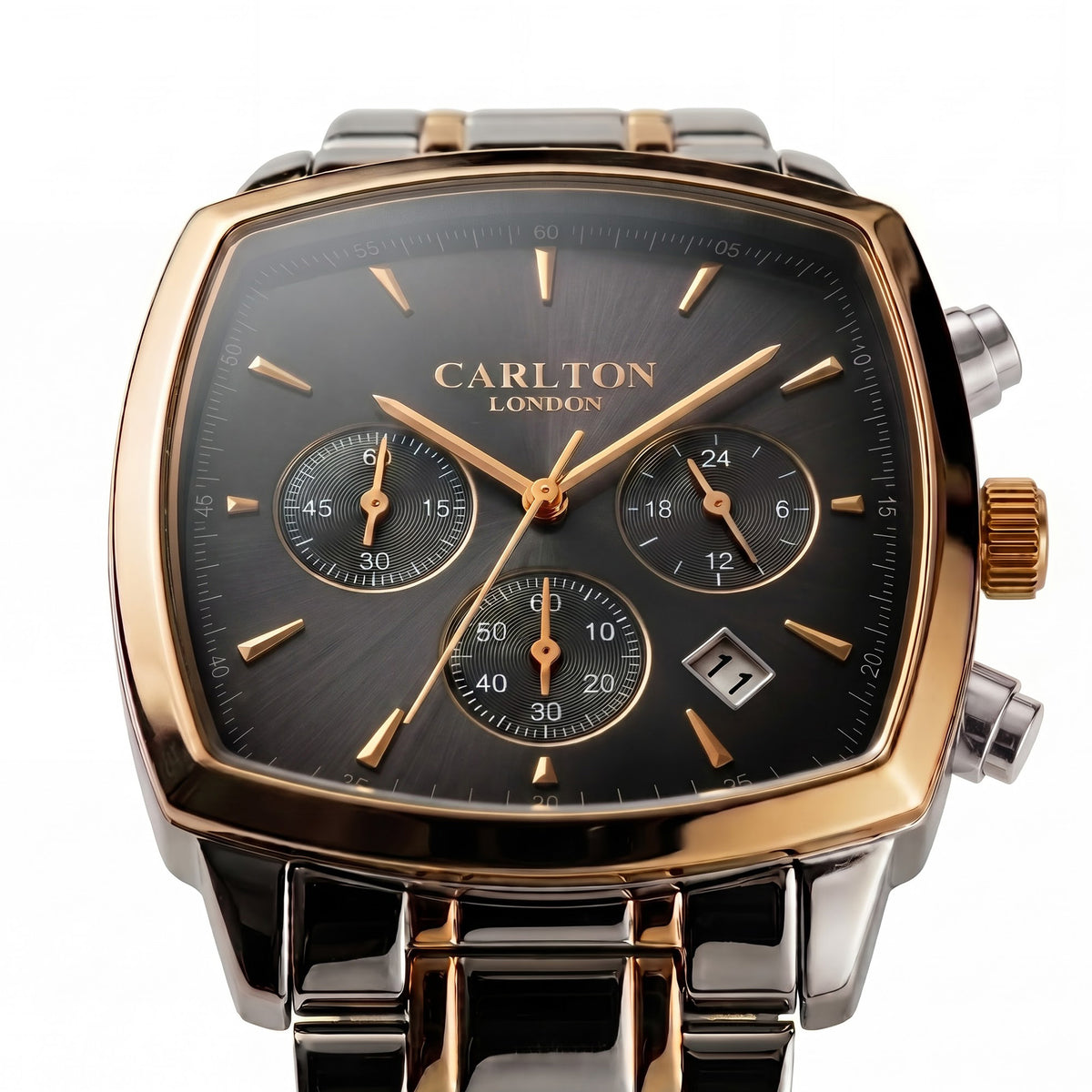 Carlton London Sterling Men’s Watch - Black Square Dial, Dual Tone Stainless Steel Strap - CLSTDBLK