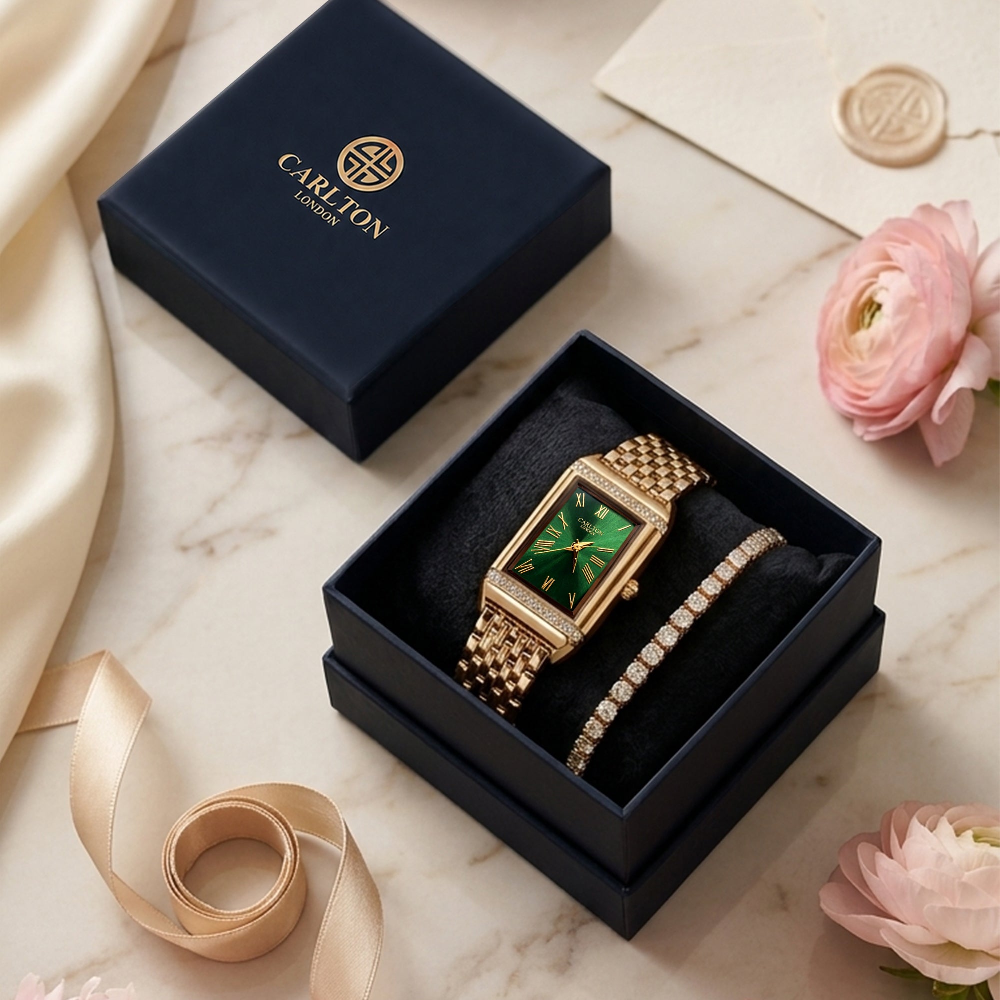 Carlton London Amara Women’s Gift Set – Emerald Green Dial Watch with Tennis Bracelet, Gold Tone – CLPLG127