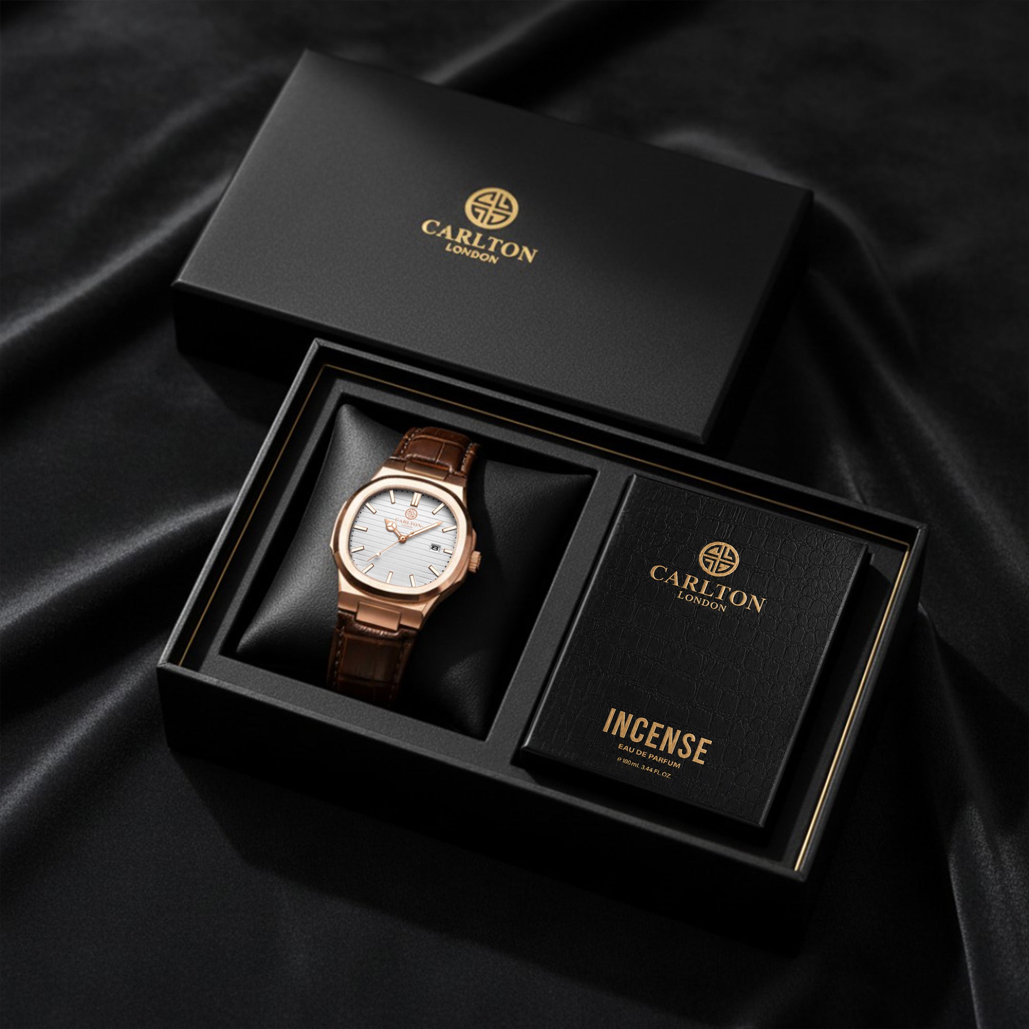 Carlton London Jordan Men’s Gift Set – White Dial Watch with Incense Perfume 50ml, Brown Leather Strap – CLPLG125