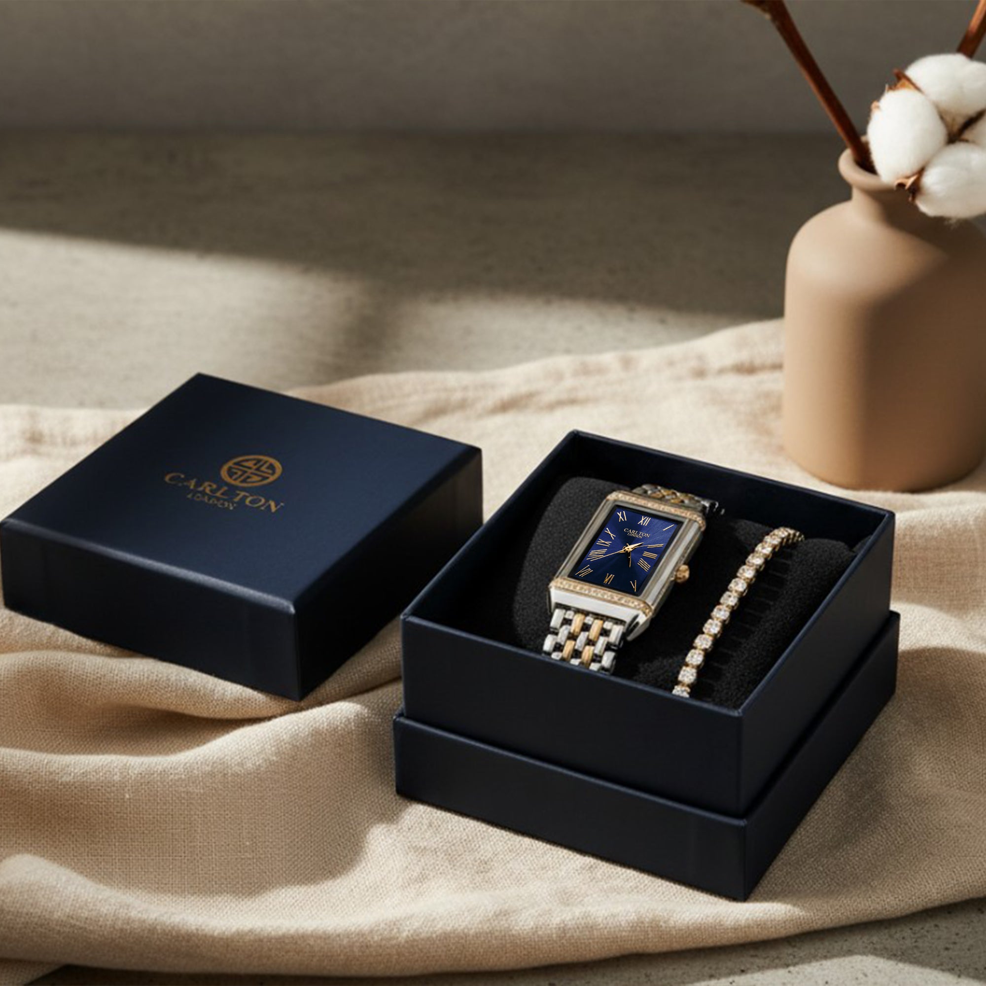 Carlton London Amara Women’s Gift Set – Navy Blue Dial Watch with Tennis Bracelet, Two Tone – CLPLG126