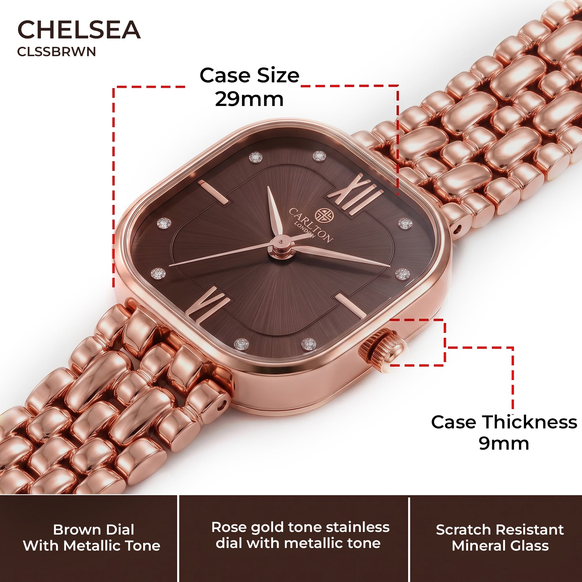 Carlton London Chelsea Women’s Watch – Brown Square Dial, Rose Gold Stainless Steel Strap – CLSSBRWN