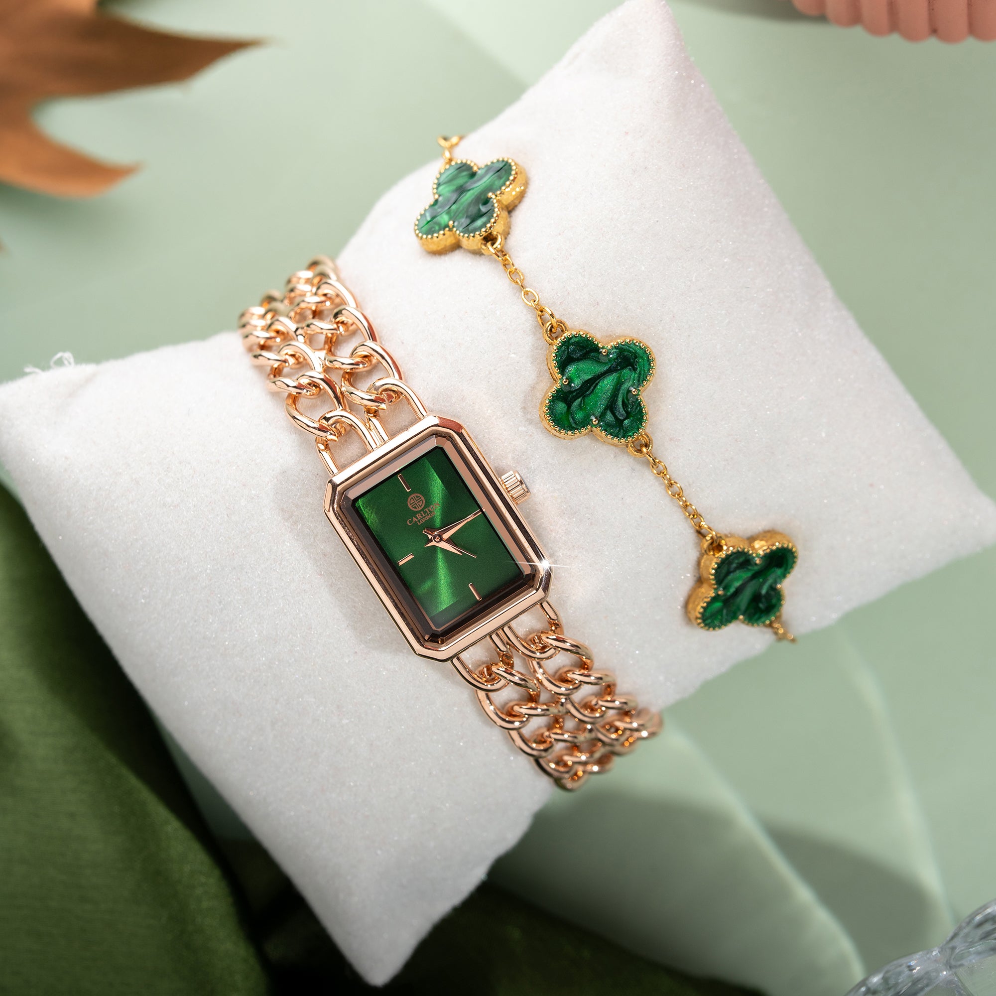 Women Gift set Of Green Dial Watch + 1 Bracelets