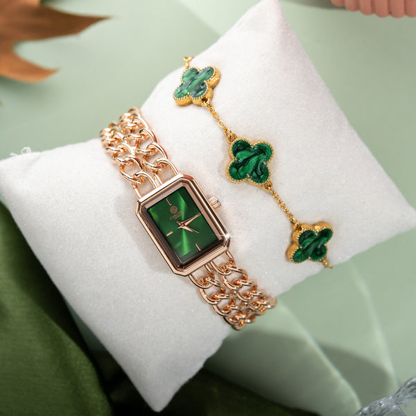 Women Gift (Set Of 2) - Victoria Green Dial Watch + Bracelet