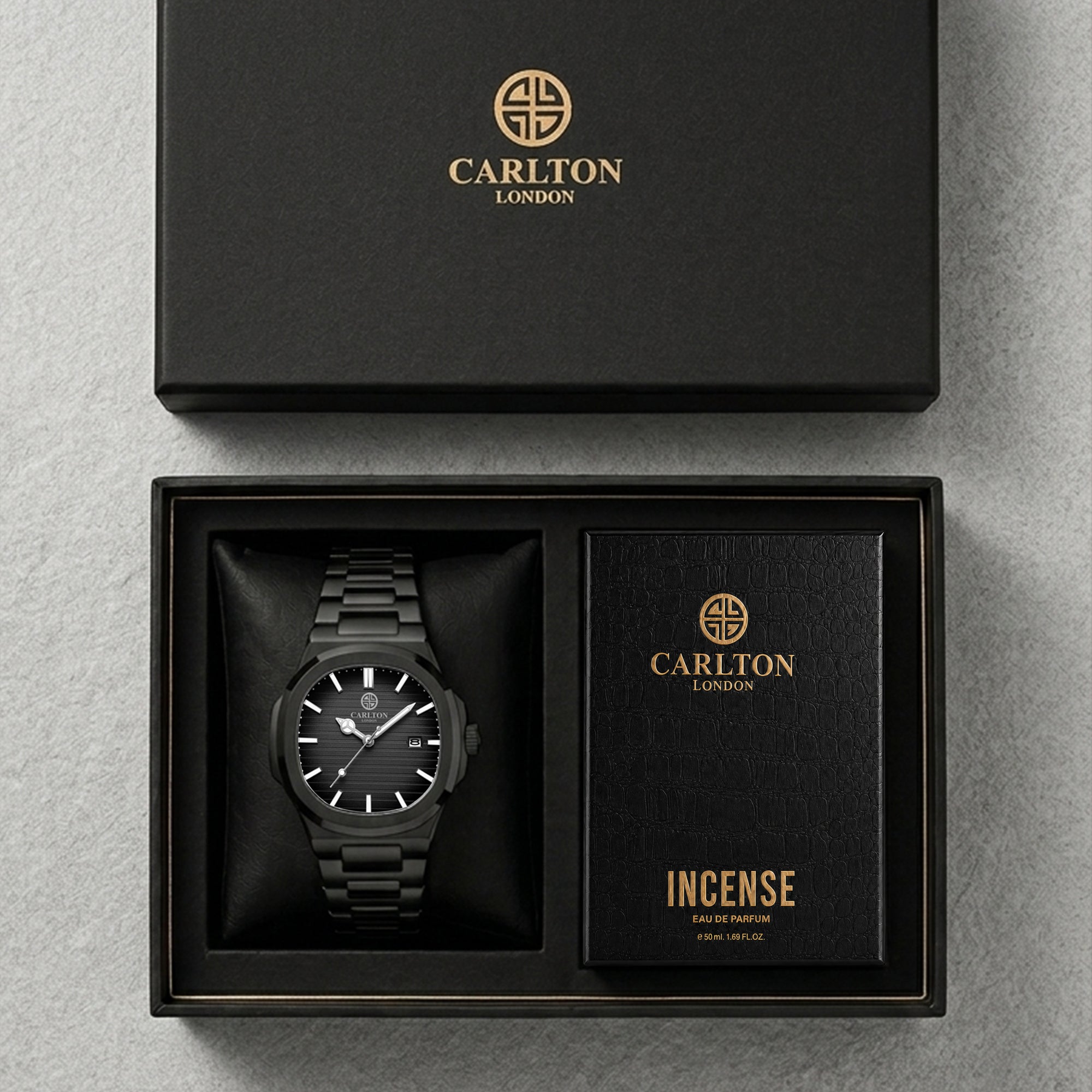 Carlton London Arthur Men’s Gift Set – Black Dial Watch with Incense Perfume 50ml, Black Strap – CLPLG131