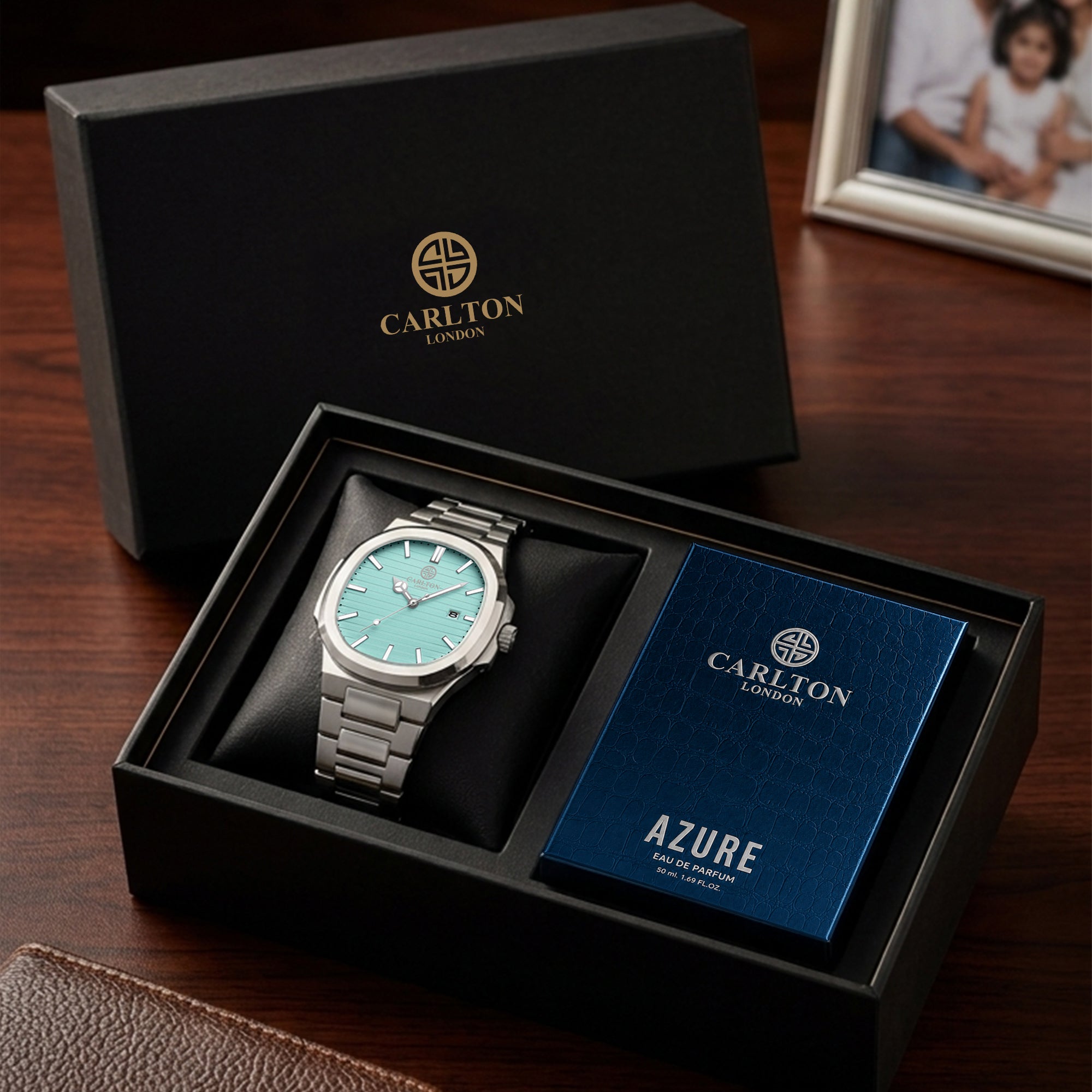 Carlton London Arthur Men’s Gift Set – Teal Dial Watch with Azure Perfume 50ml, Silver Strap – CLPLG128