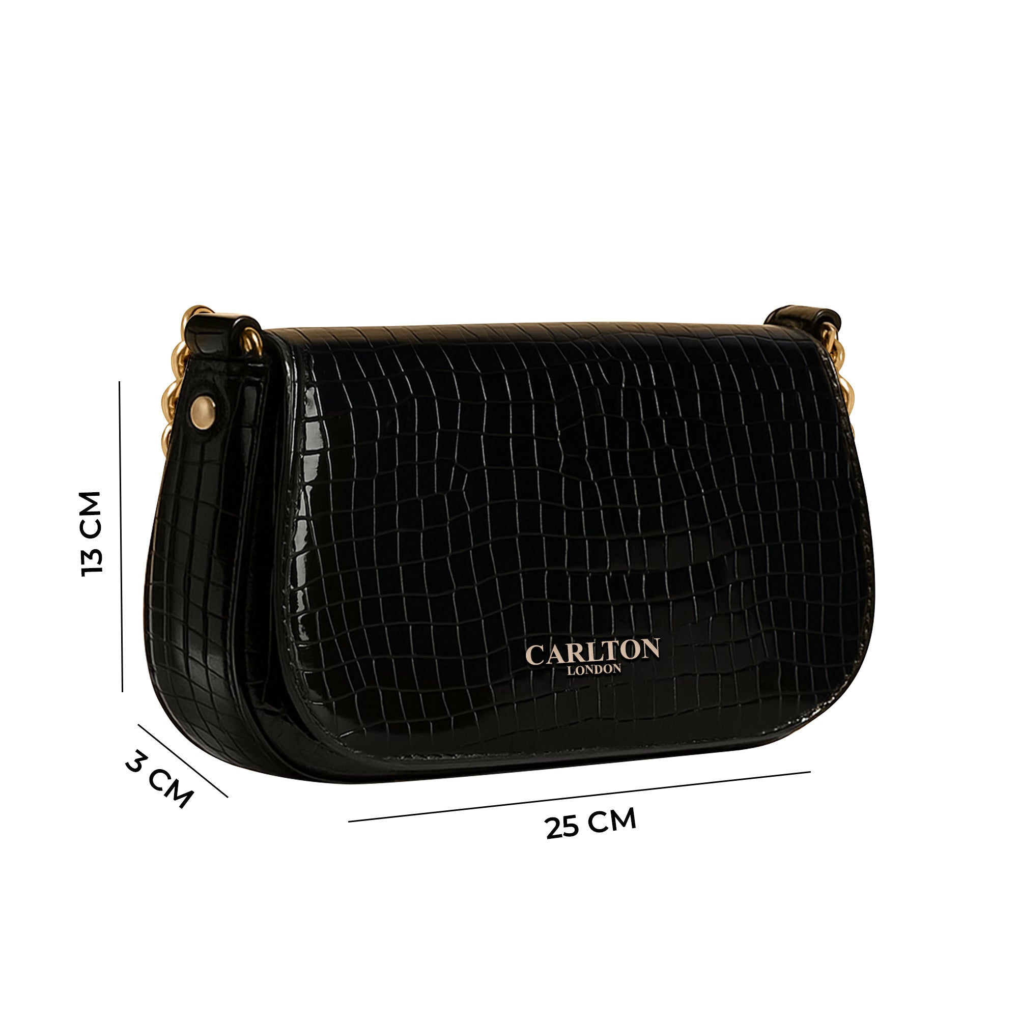 Carlton London Glossy Black Crocodile-Patterned Crossbody Bag with Gold Chain Strap
