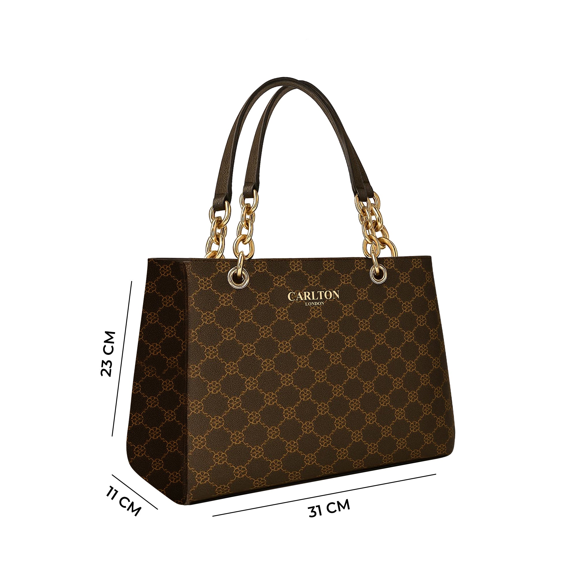 Carlton London brown Monogram Tote Bag with Gold Chain-Link Handles