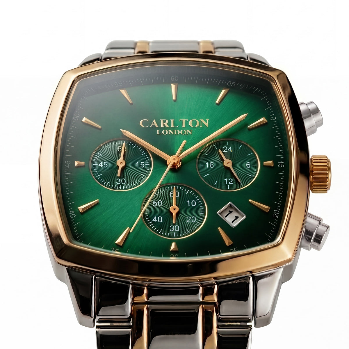 Carlton London Sterling Men’s Watch - Green Square Dial, Dual Tone Stainless Steel Strap - CLSTDGRN