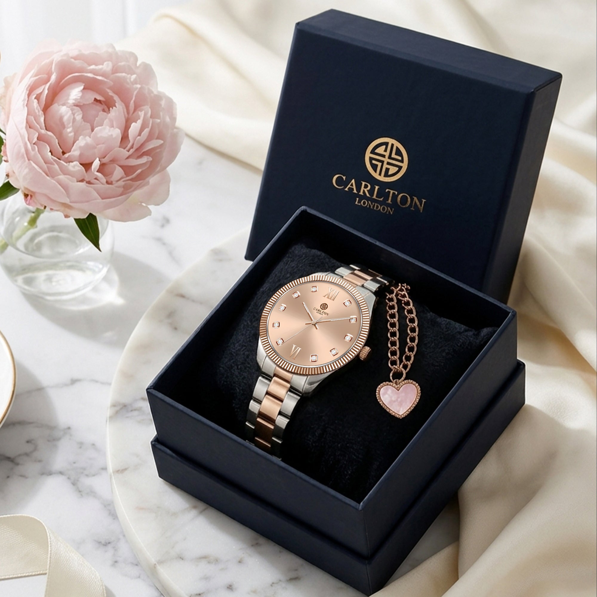 Carlton London Harper Vintage Women’s Gift Set – Rose Gold Dial Watch with Heart Charm Bracelet, Two Tone – CLPLG138