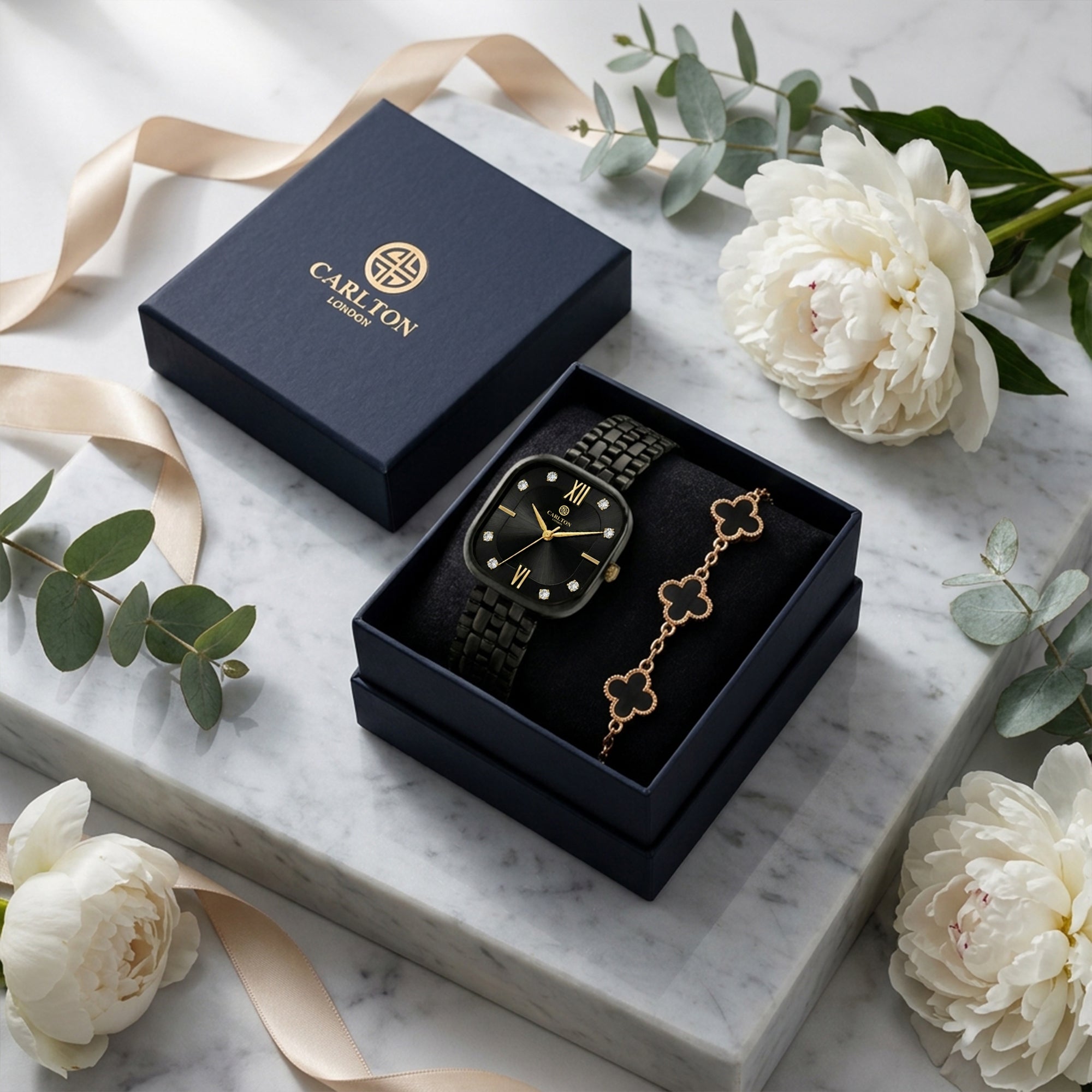 Carlton London Chelsea Women’s Gift Set – Black Dial Watch with Black Leaf Bracelet, Black Strap – CLPLG136