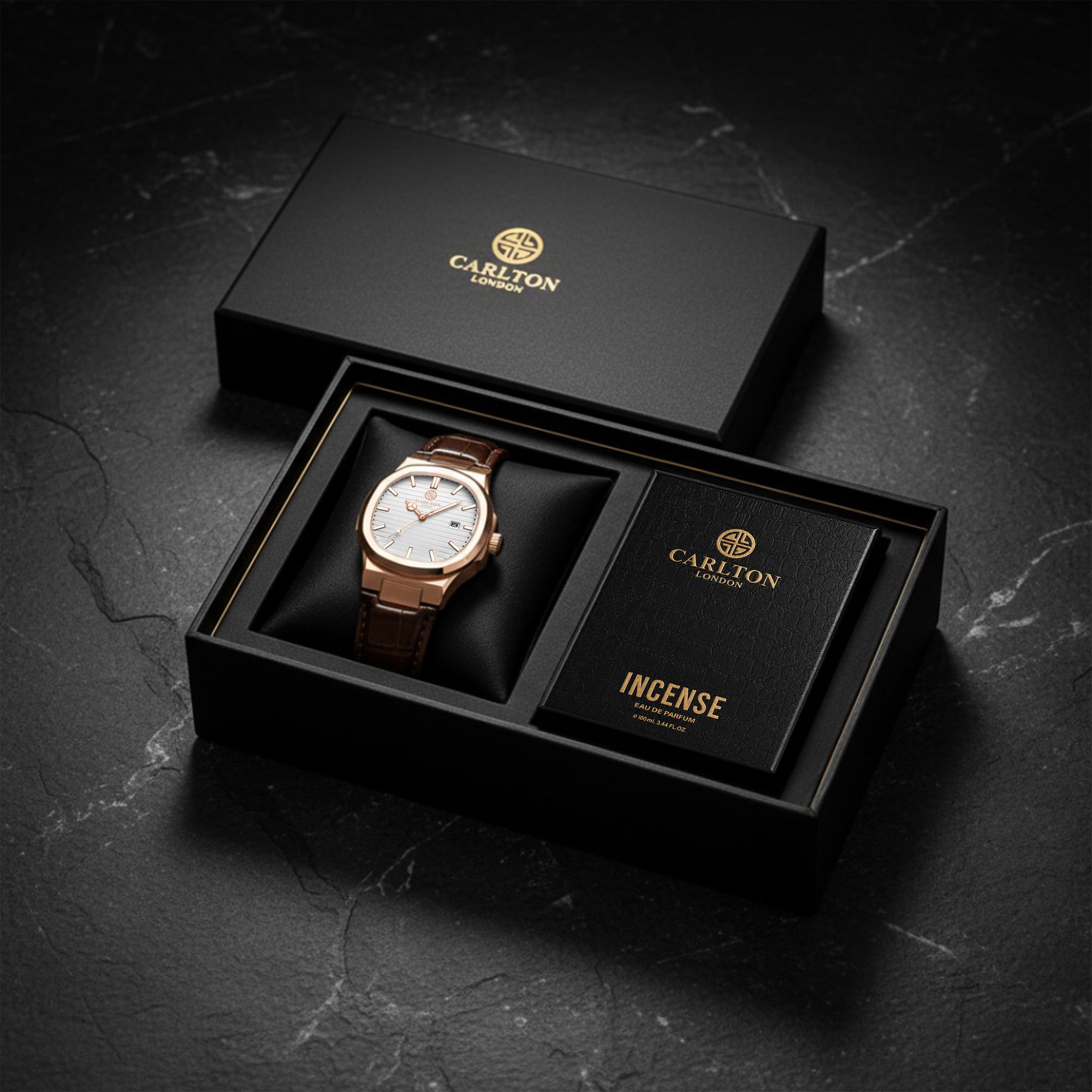 Carlton London Charles Men’s Gift Set – White Dial Watch with Incense Perfume 50ml, Brown Leather Strap – CLPLG125