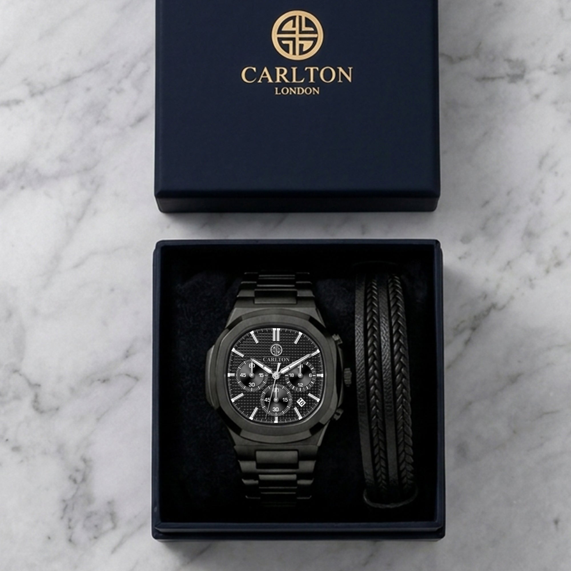 Carlton London Parker Men’s Gift Set – Black Chronograph Watch with Leather Multi-Strap Bracelet – CLPLG142
