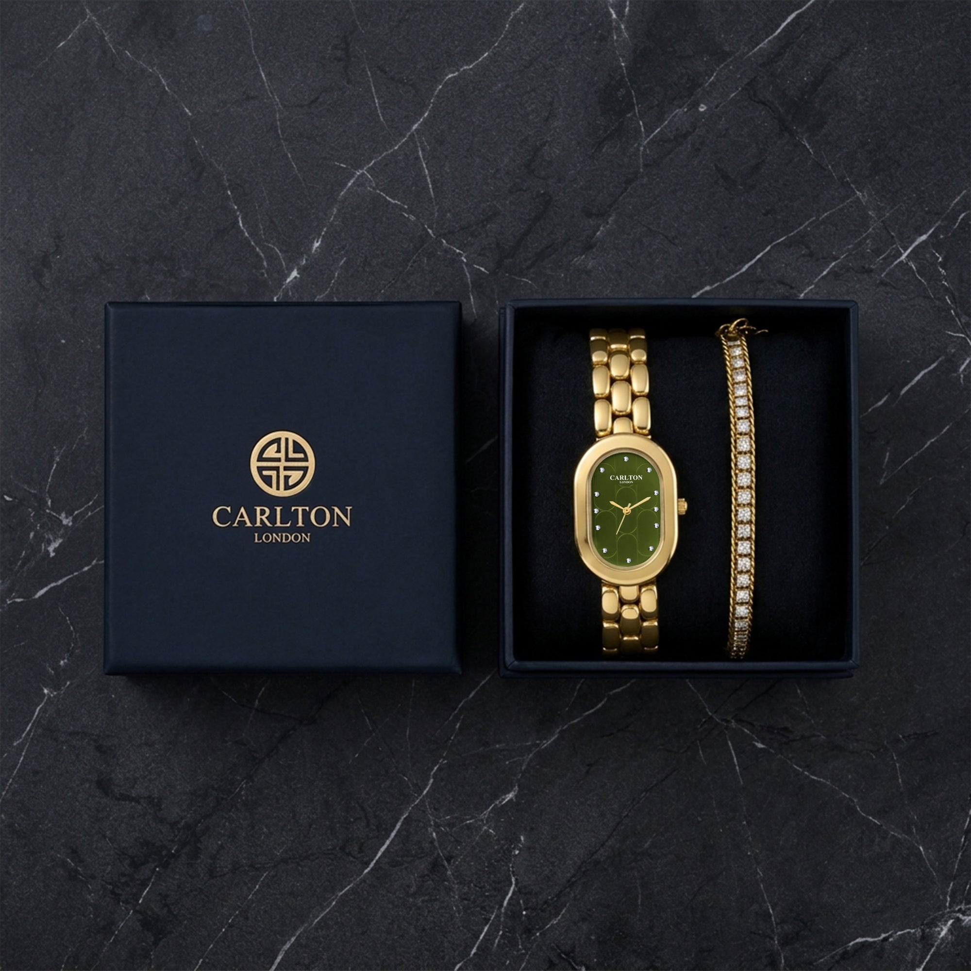 Carlton London Cecil Women’s Gift Set – Olive Green Oval Dial Watch with Tennis Bracelet, Gold Strap – CLPLG132